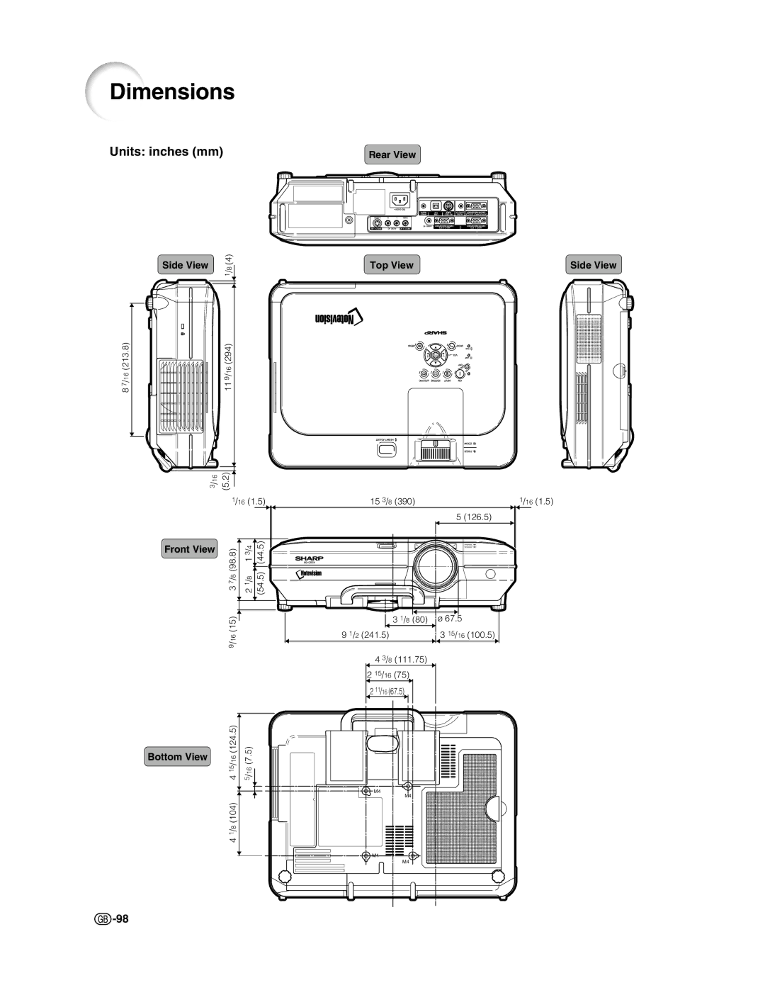 Sharp XG-C50X operation manual Dimensions, Units inches mm 