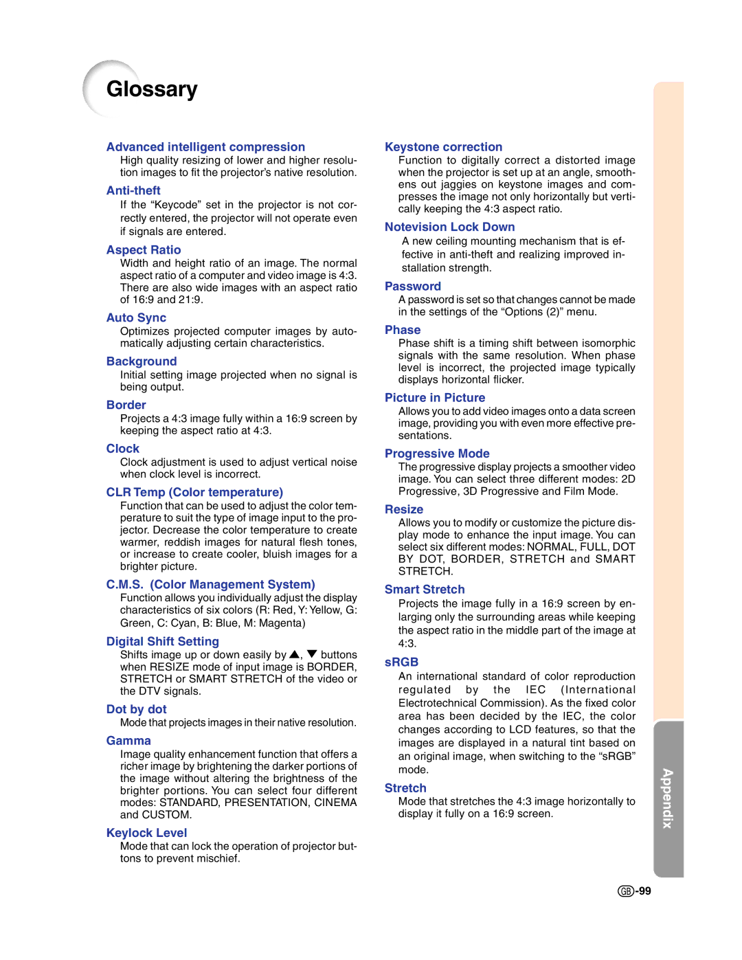 Sharp XG-C50X operation manual Glossary, Advanced intelligent compression 