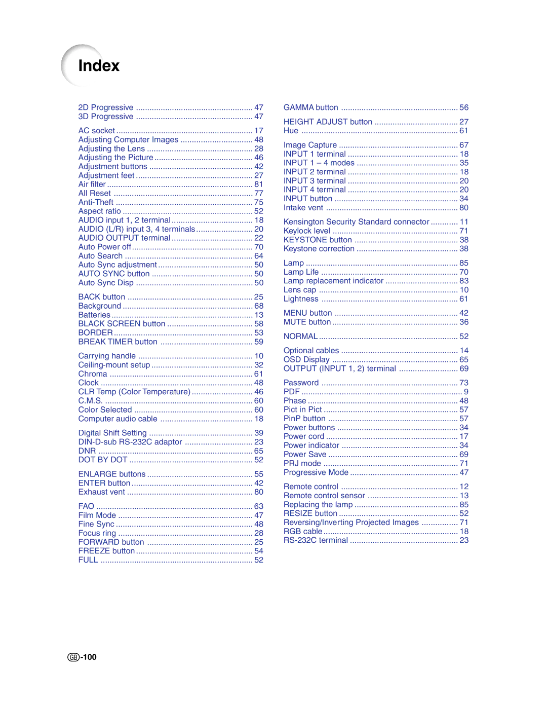 Sharp XG-C50X operation manual Index, 100 