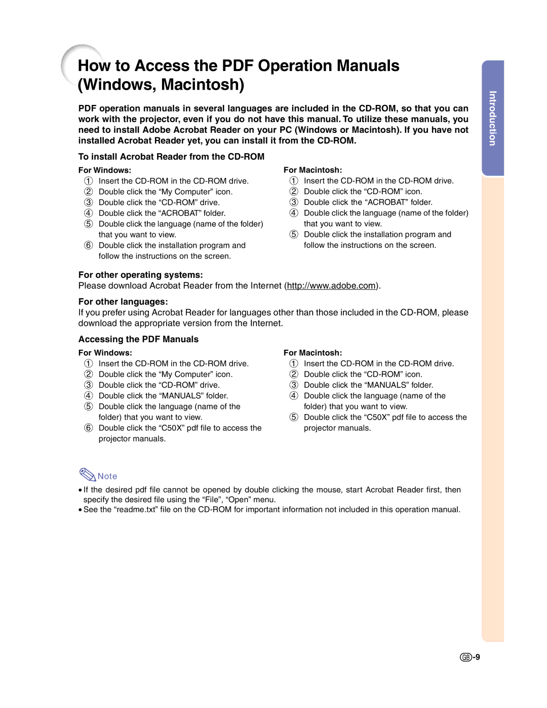 Sharp XG-C50X To install Acrobat Reader from the CD-ROM, For other operating systems For other languages, For Windows 