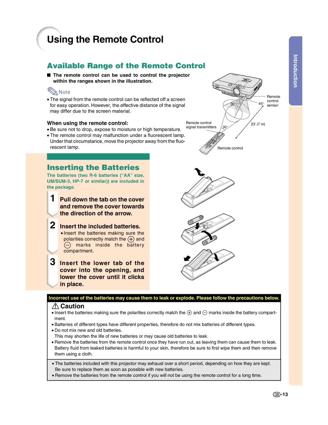 Sharp XG-C50X operation manual Using the Remote Control, Available Range of the Remote Control, Inserting the Batteries 