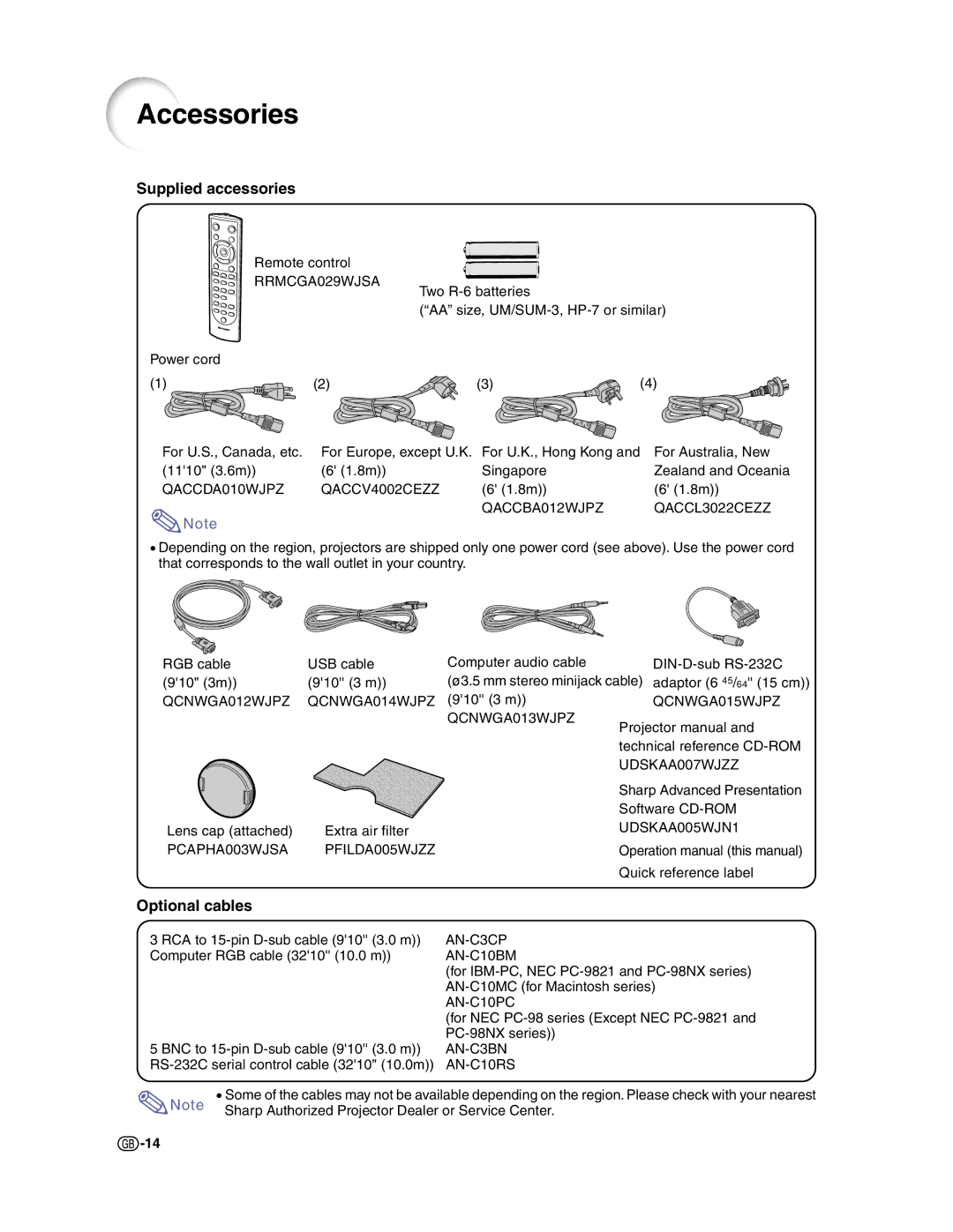 Sharp XG-C50X operation manual Accessories, Supplied accessories, Optional cables 