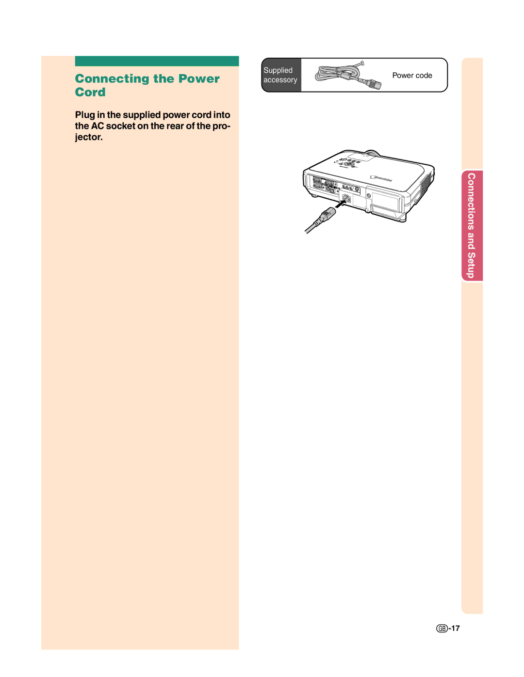 Sharp XG-C50X operation manual Connecting the Power Cord 