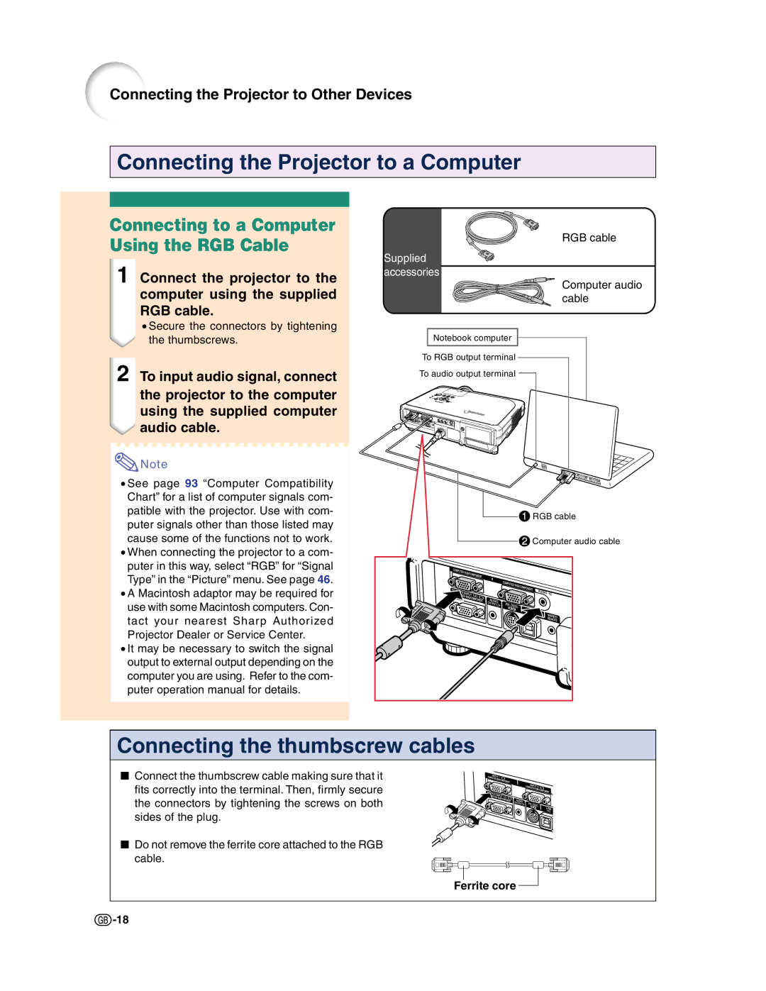 Sharp XG-C50X operation manual Connecting to a Computer Using the RGB Cable, Ferrite core 