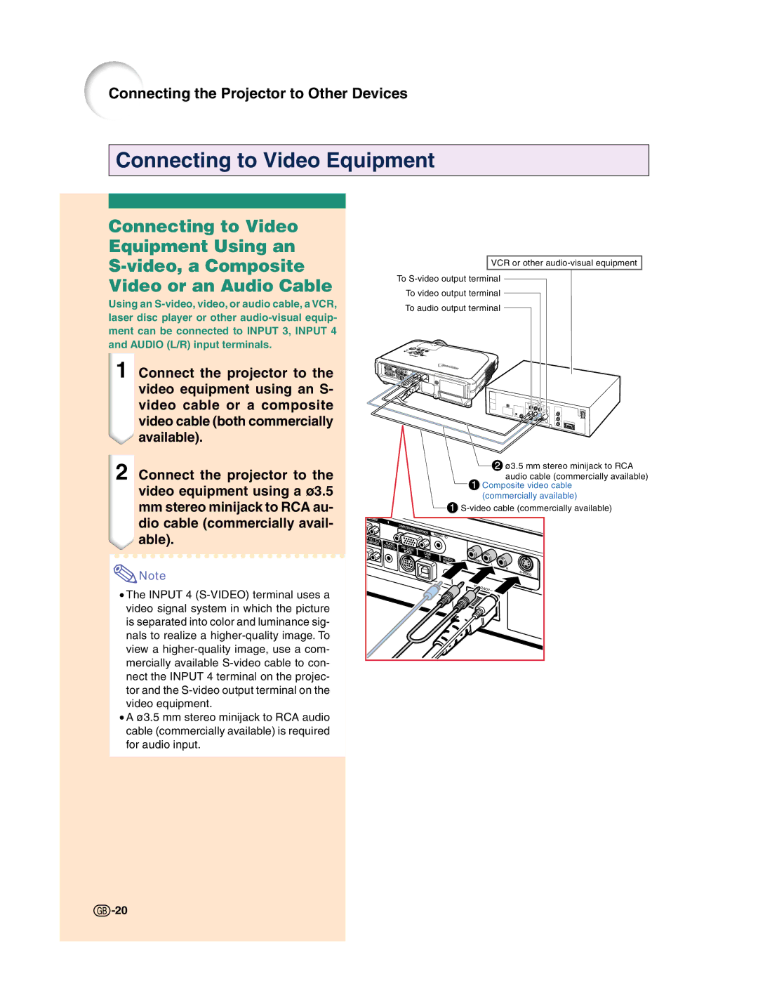 Sharp XG-C50X operation manual Connecting to Video Equipment 