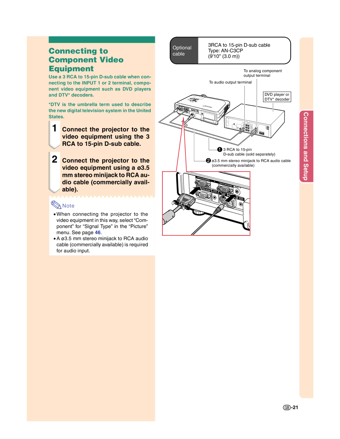 Sharp XG-C50X operation manual Connecting to Component Video Equipment, Cable 