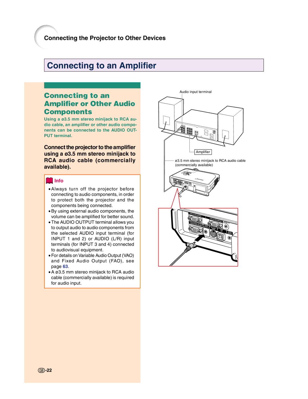 Sharp XG-C50X operation manual Connecting to an Amplifier or Other Audio Components 