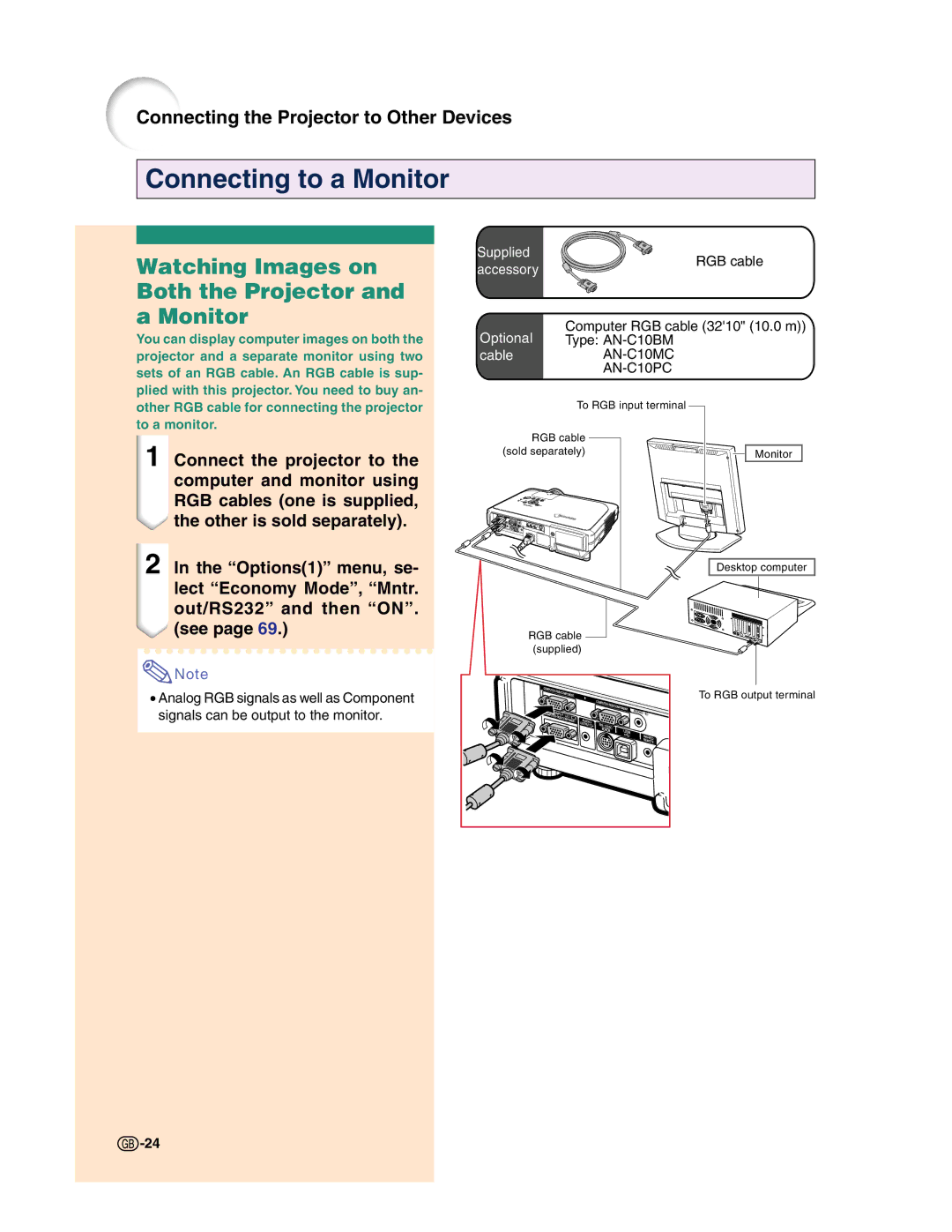 Sharp XG-C50X operation manual Connecting to a Monitor, Watching Images on Both the Projector and a Monitor 