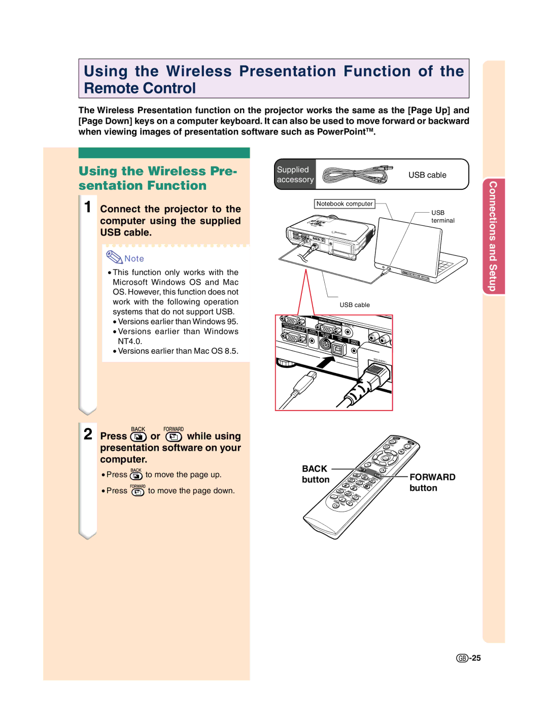 Sharp XG-C50X Using the Wireless Pre- sentation Function, Press or while using presentation software on your computer 