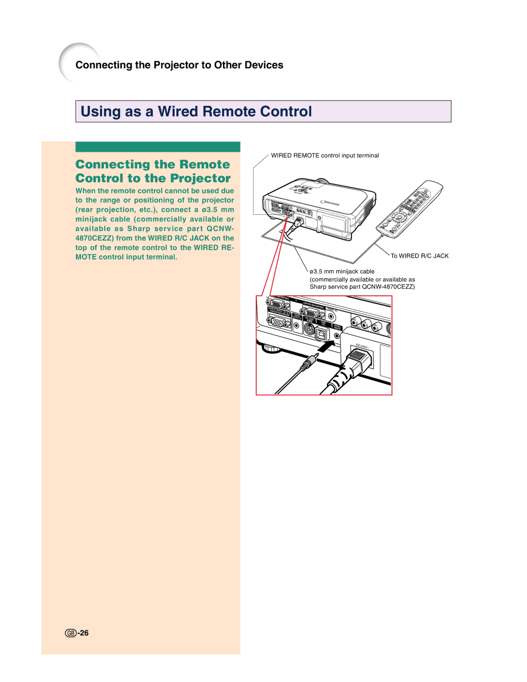 Sharp XG-C50X operation manual Using as a Wired Remote Control, Connecting the Remote Control to the Projector 