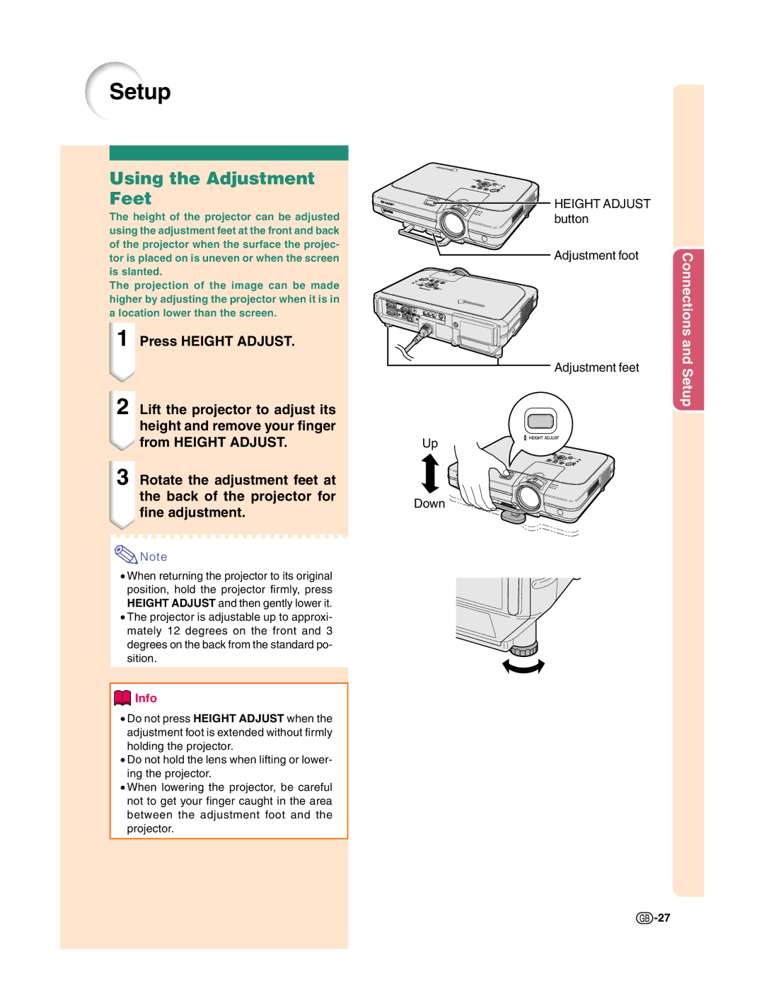 Sharp XG-C50X operation manual Setup, Using the Adjustment Feet 