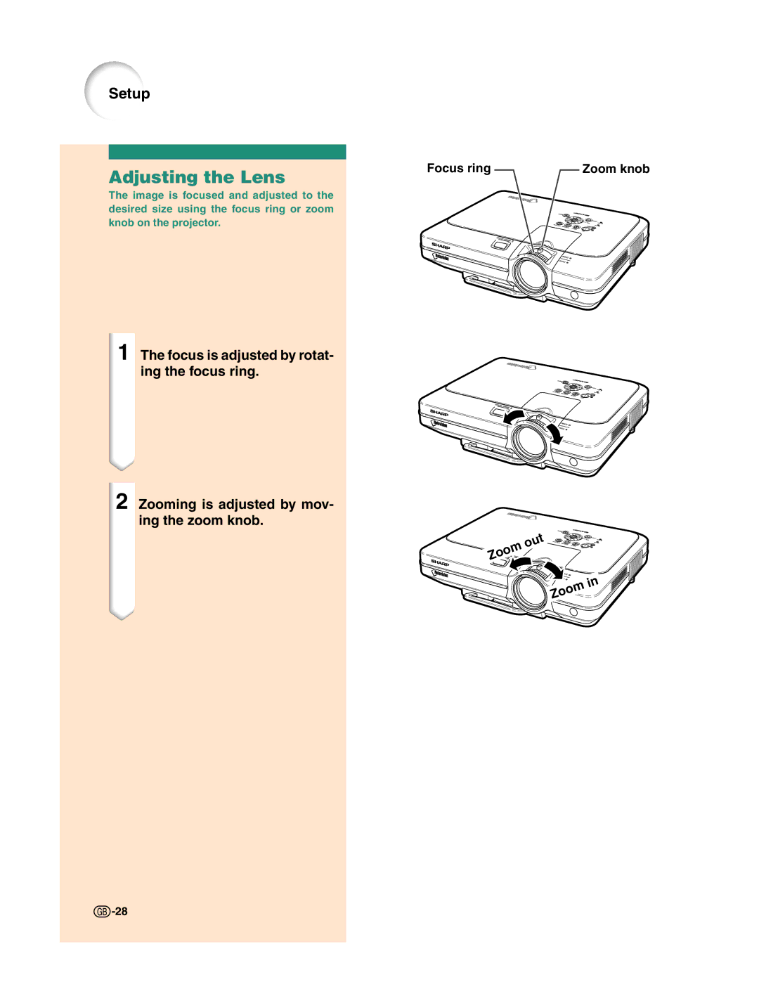 Sharp XG-C50X operation manual Adjusting the Lens, Focus ring Zoom knob, Out Zoom 