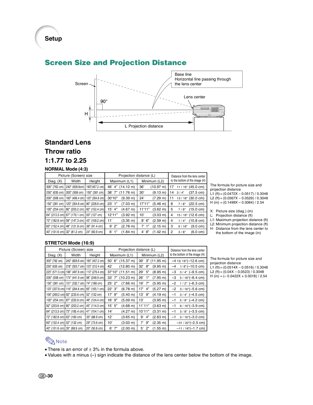 Sharp XG-C50X operation manual Screen Size and Projection Distance, Normal Mode, Stretch Mode 