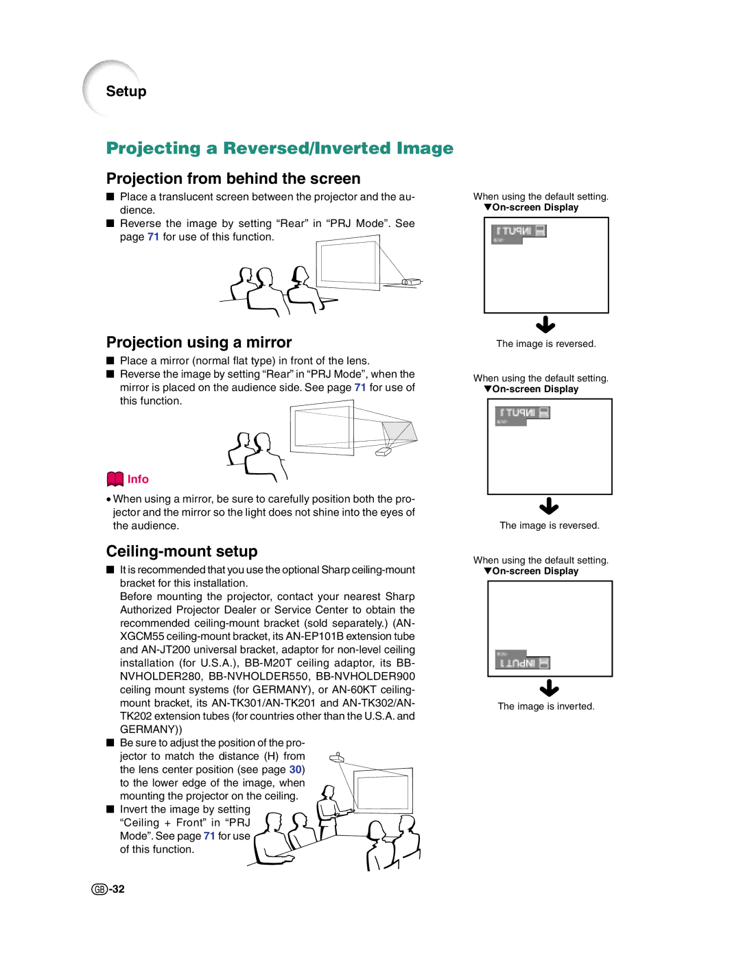 Sharp XG-C50X operation manual Projecting a Reversed/Inverted Image, Projection from behind the screen 