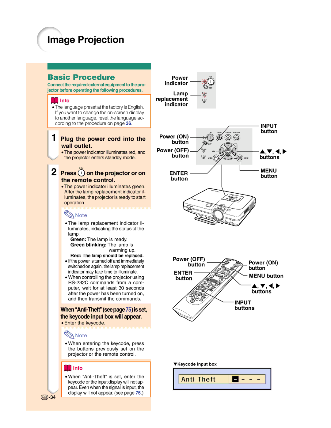 Sharp XG-C50X operation manual Image Projection, Basic Procedure, Plug the power cord into the wall outlet 