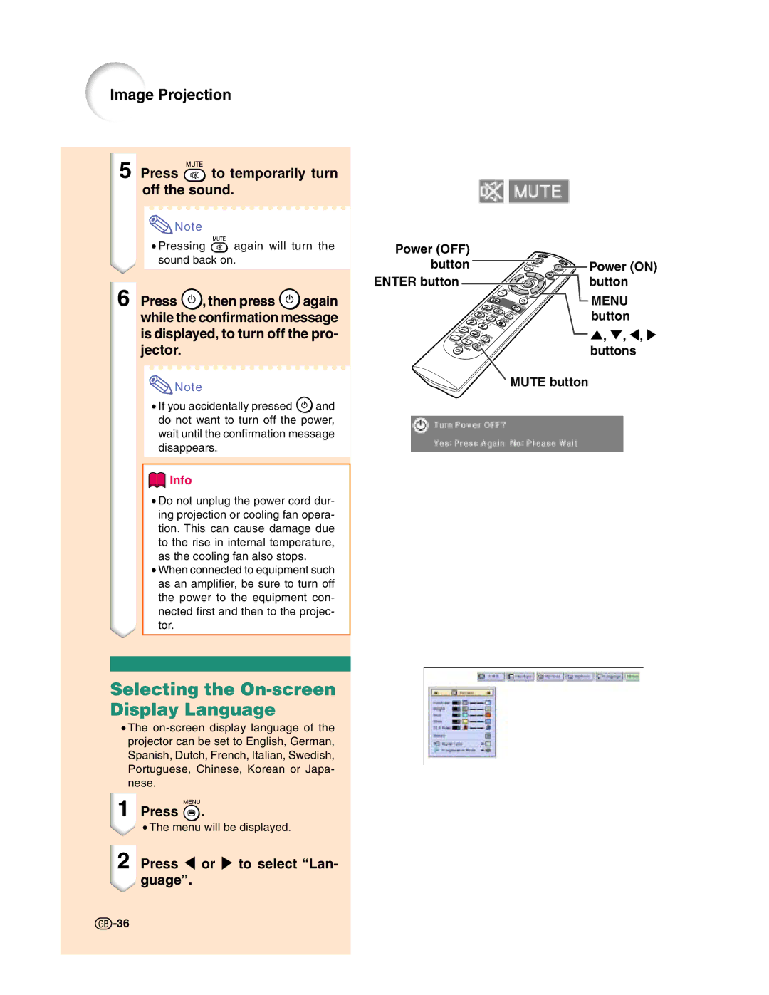 Sharp XG-C50X operation manual Selecting the On-screen Display Language, Press to temporarily turn off the sound 