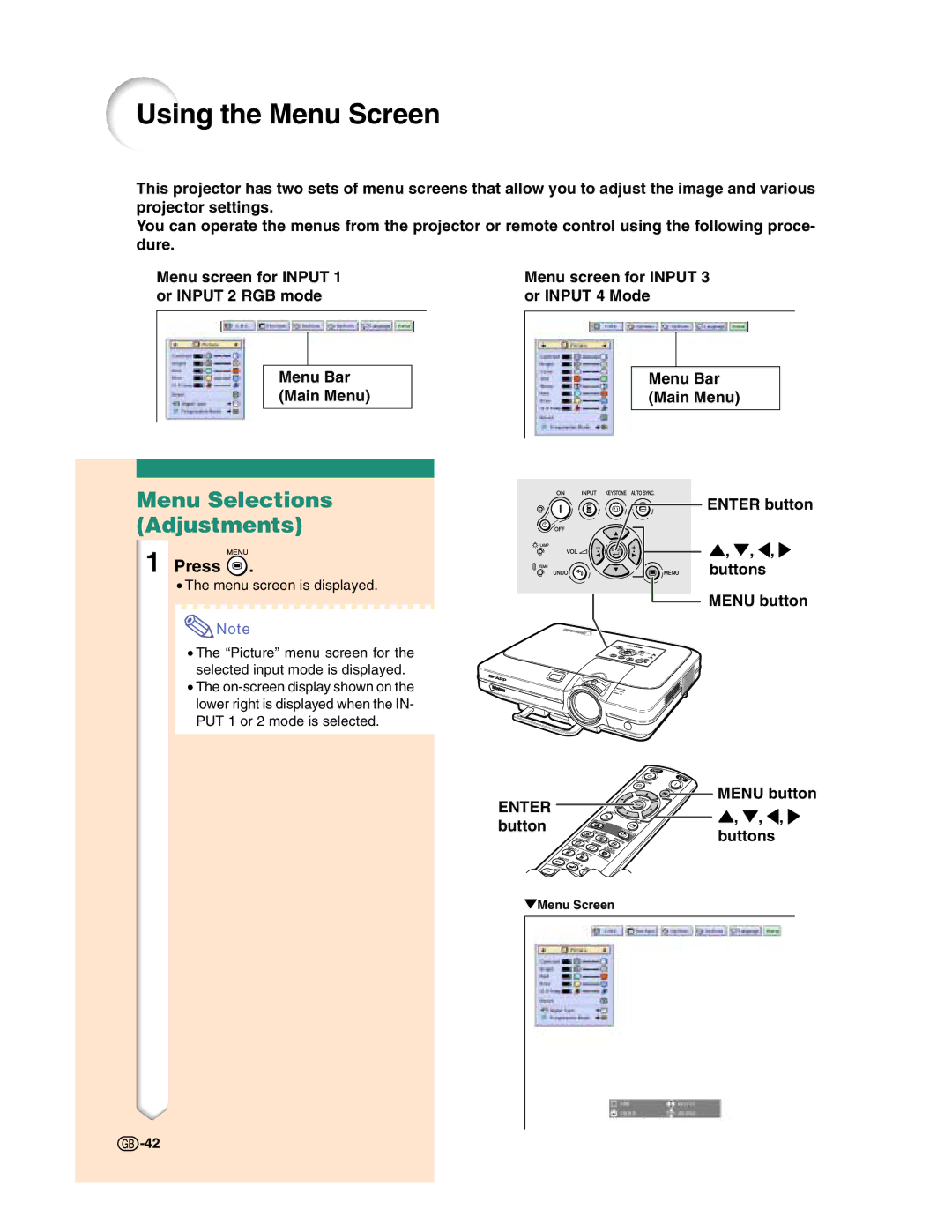 Sharp XG-C50X Using the Menu Screen, Menu Selections Adjustments, Menu Bar Main Menu Enter button Buttons Menu button 