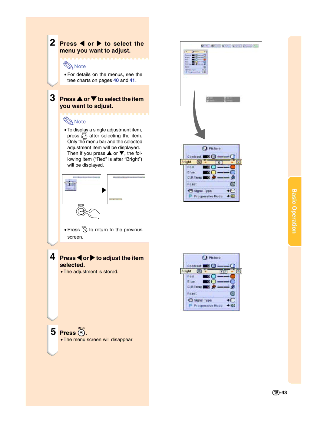 Sharp XG-C50X Press \ or to select the menu you want to adjust, Press or to select the item you want to adjust 