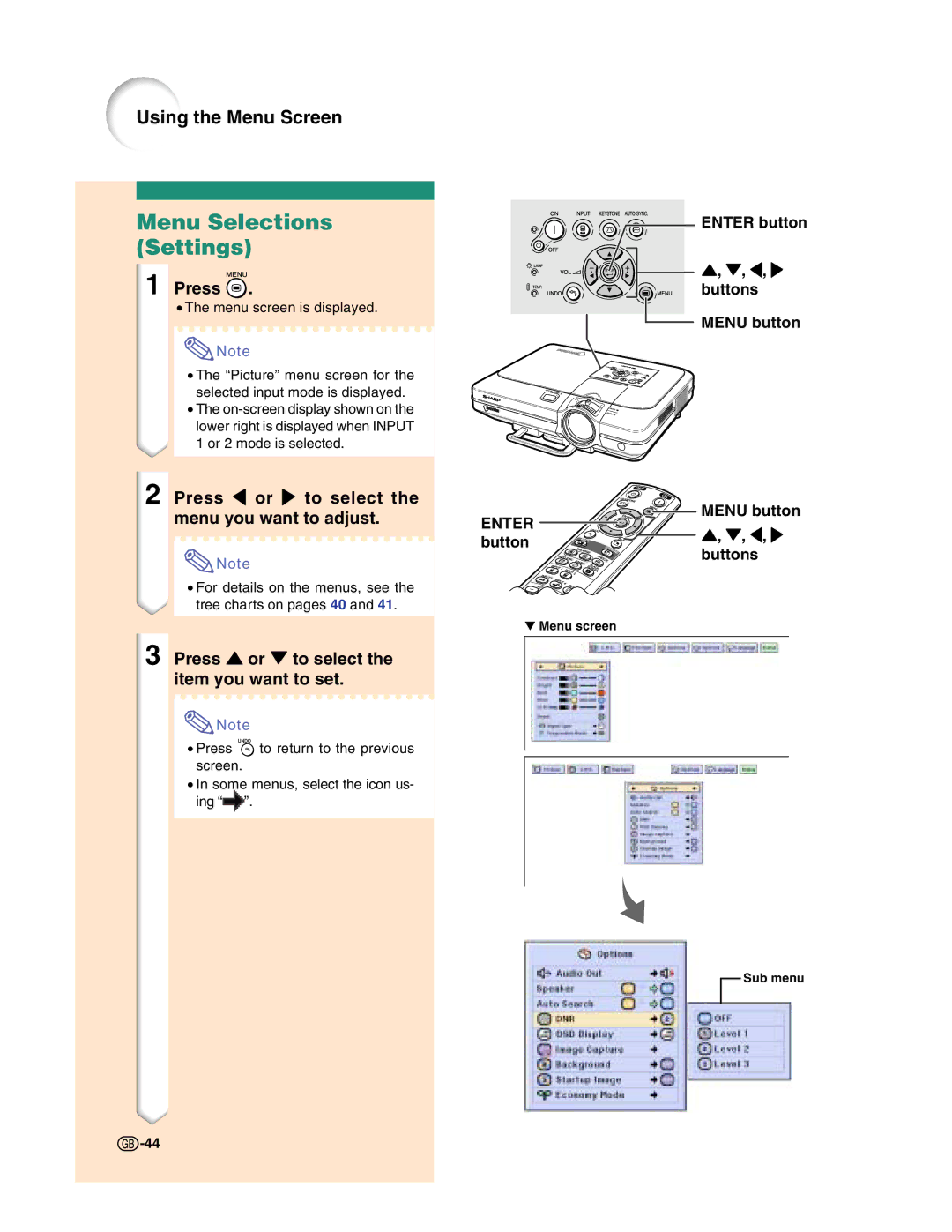 Sharp XG-C50X Menu Selections Settings, Press or to select the item you want to set, Enter button Buttons Menu button 