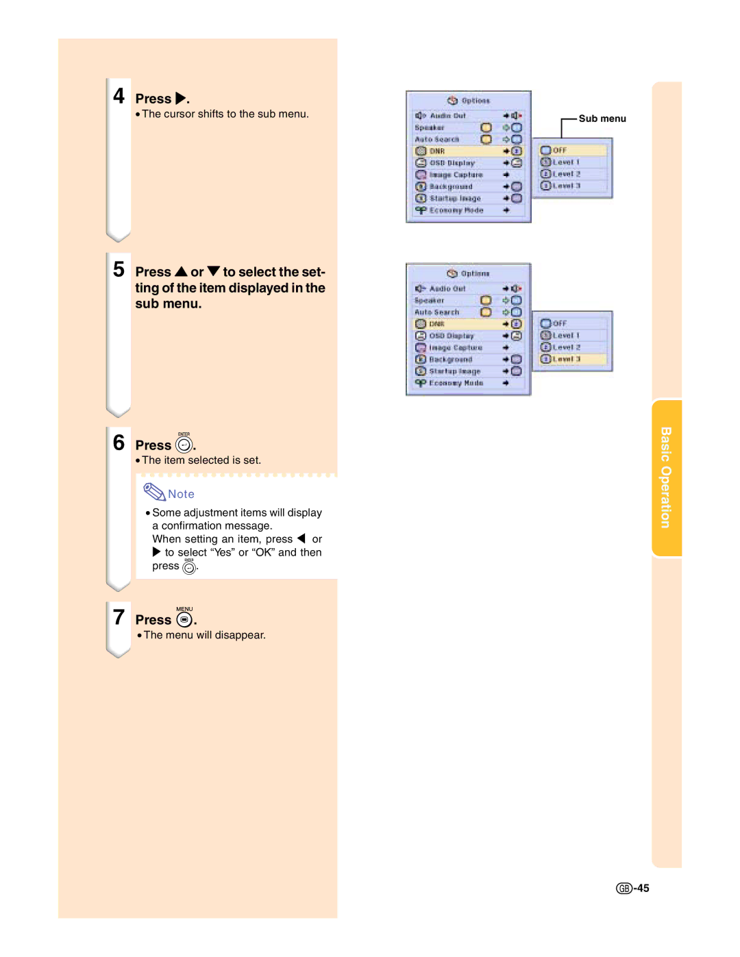 Sharp XG-C50X operation manual Cursor shifts to the sub menu 