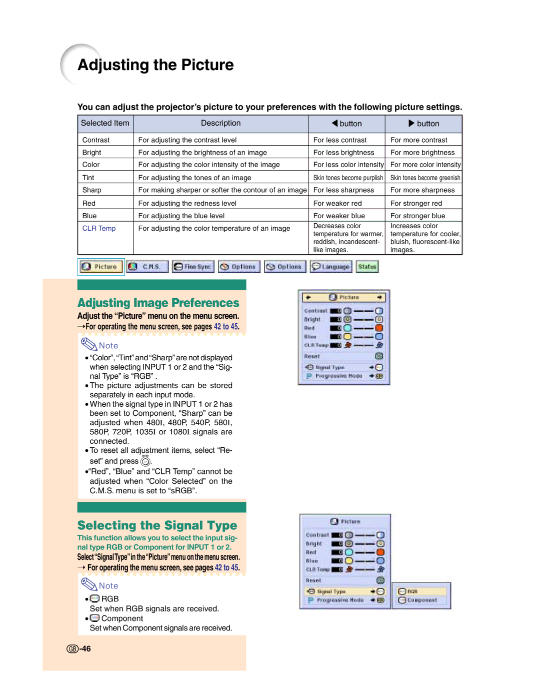 Sharp XG-C50X operation manual Adjusting the Picture, Adjusting Image Preferences, Selecting the Signal Type 