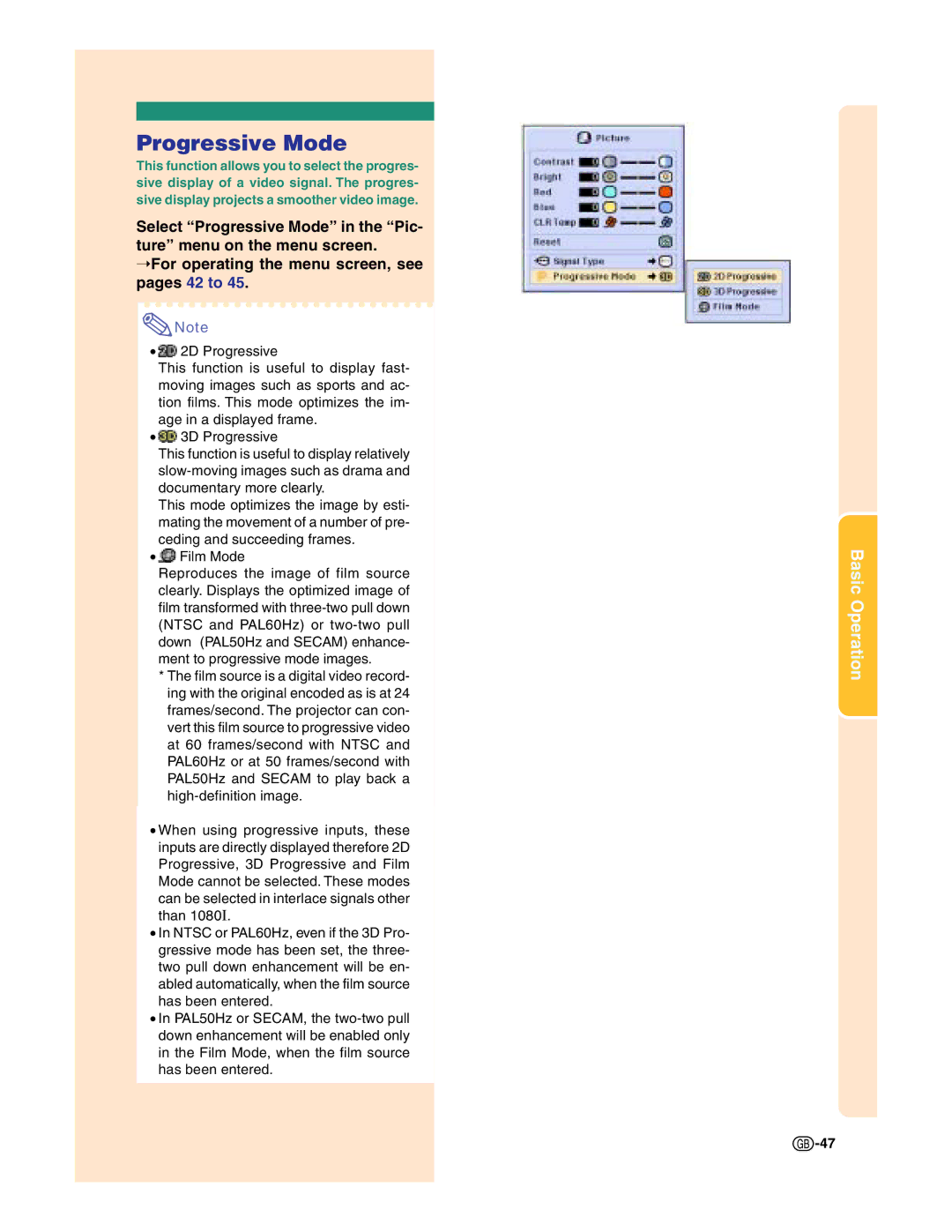 Sharp XG-C50X operation manual Progressive Mode 