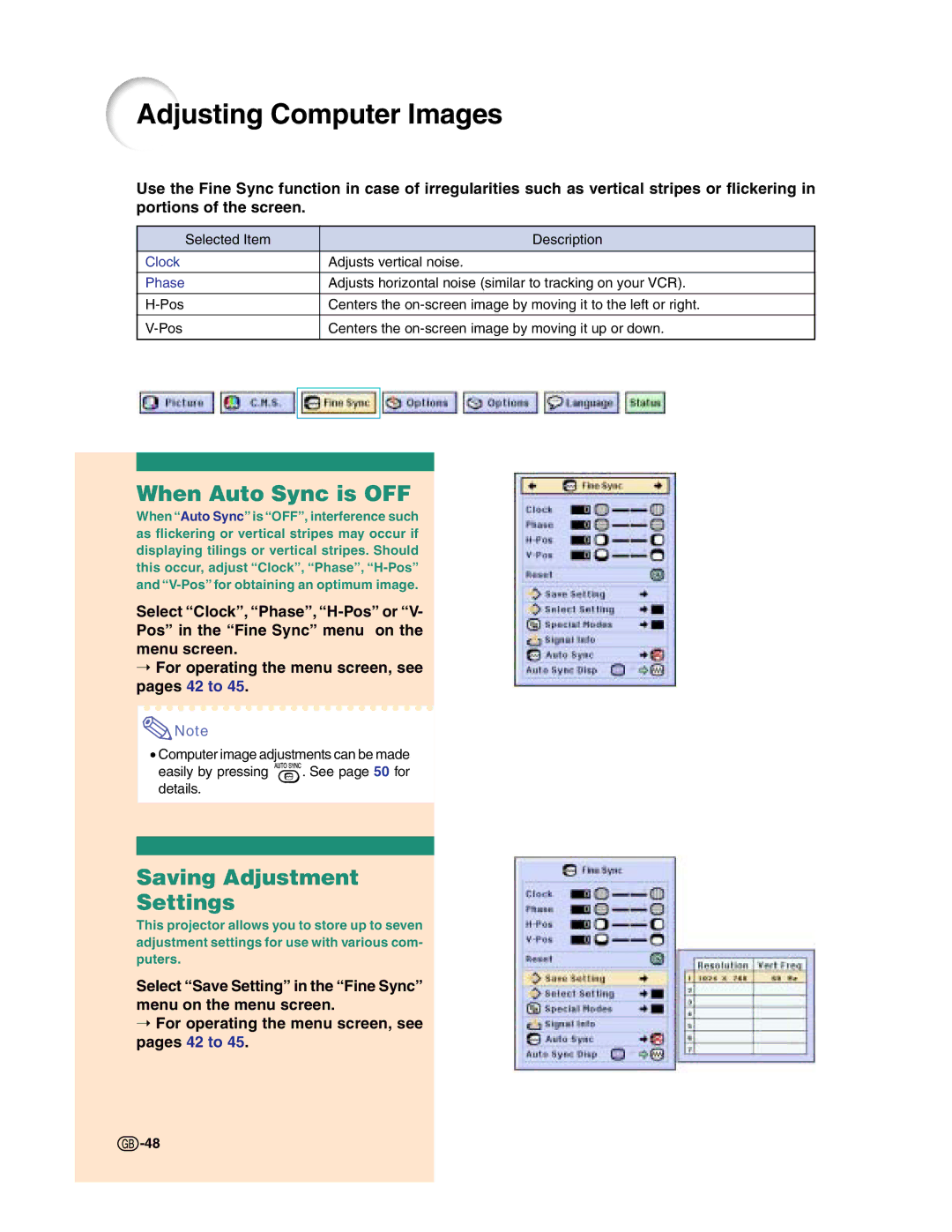 Sharp XG-C50X operation manual Adjusting Computer Images, When Auto Sync is OFF, Saving Adjustment Settings 