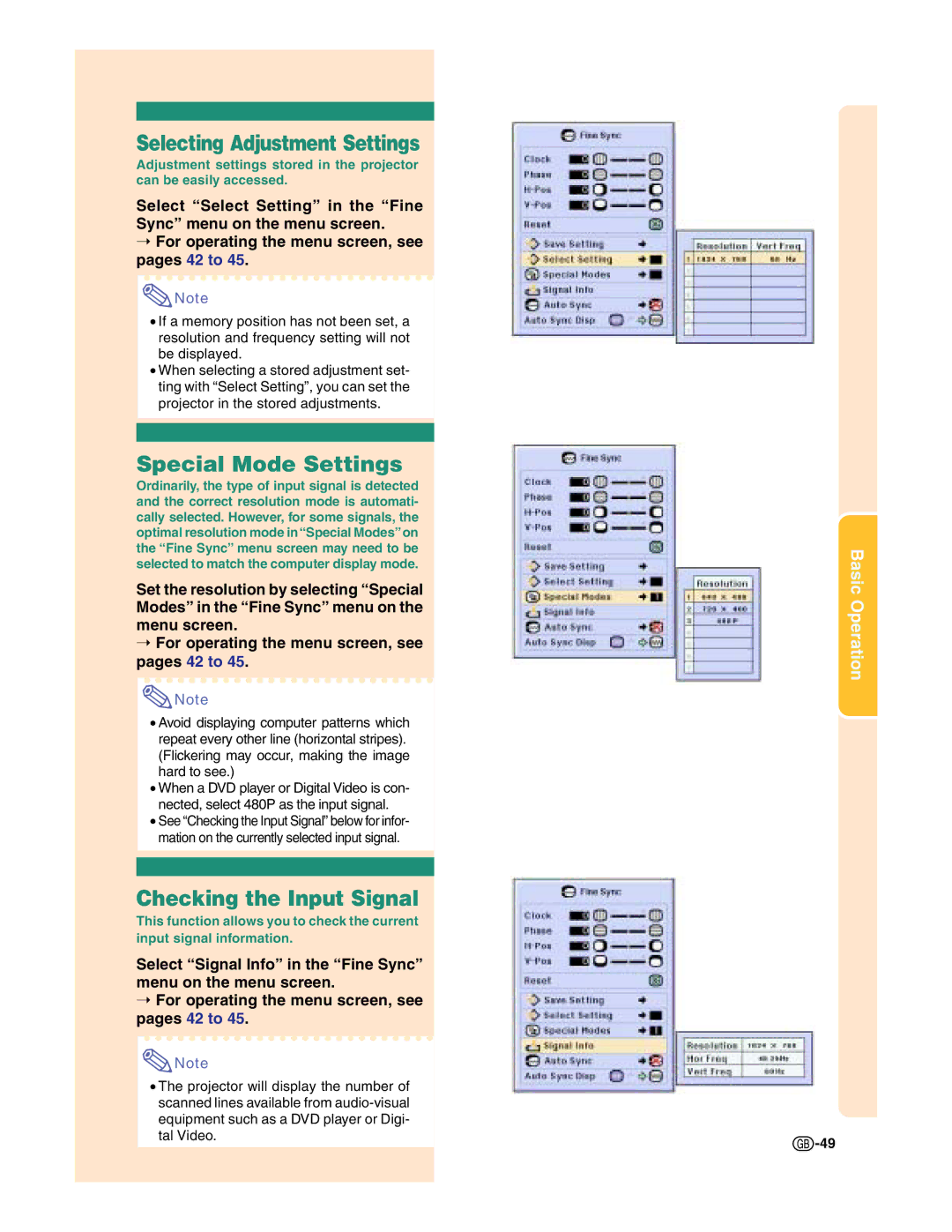 Sharp XG-C50X operation manual Selecting Adjustment Settings, Special Mode Settings, Checking the Input Signal 