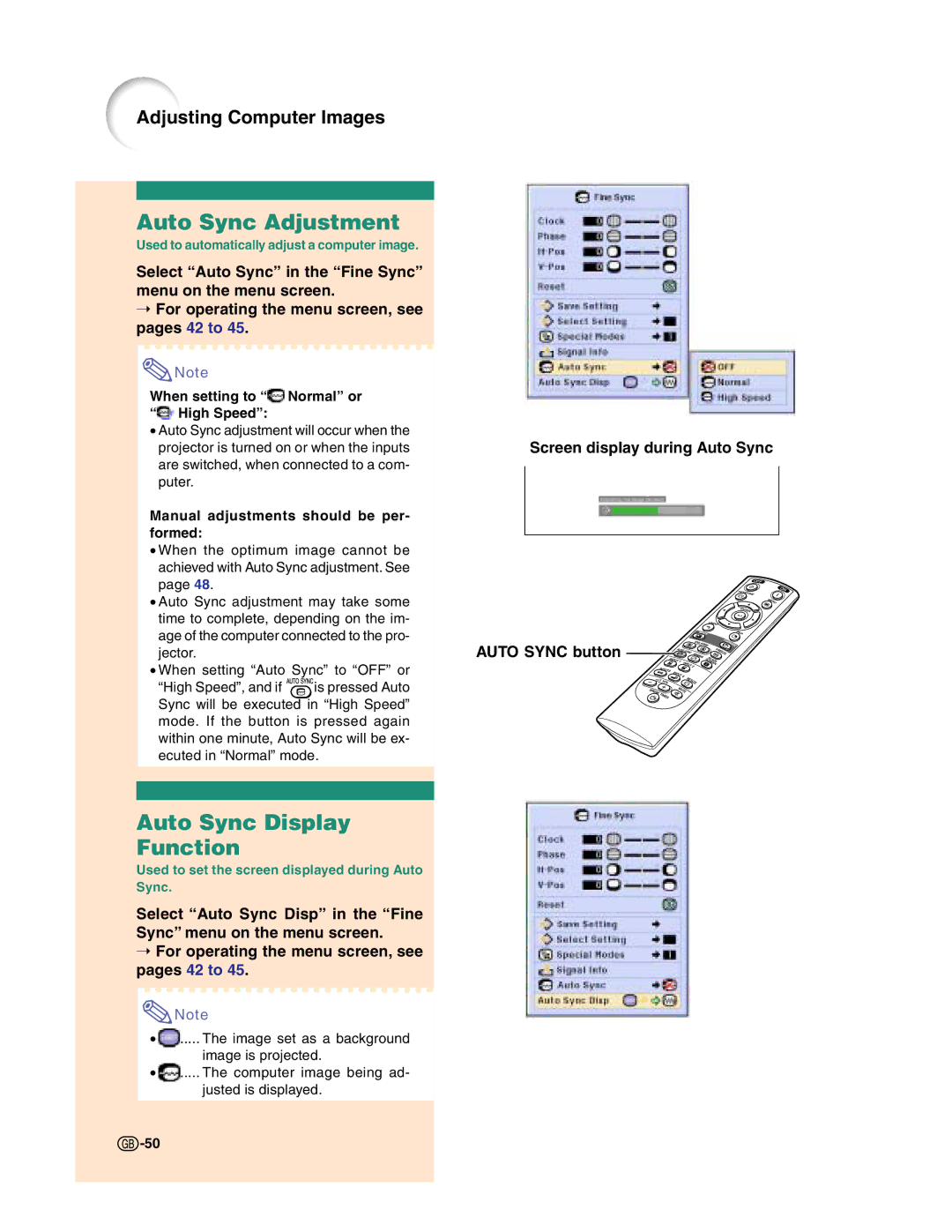 Sharp XG-C50X Auto Sync Adjustment, Auto Sync Display Function, Screen display during Auto Sync, Auto Sync button 