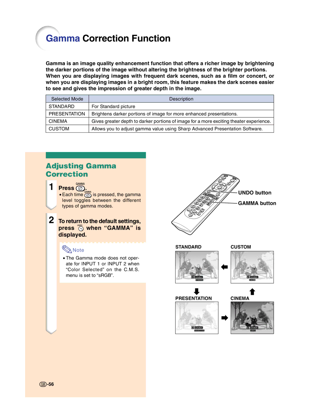 Sharp XG-C50X operation manual Gamma Correction Function, Adjusting Gamma Correction 