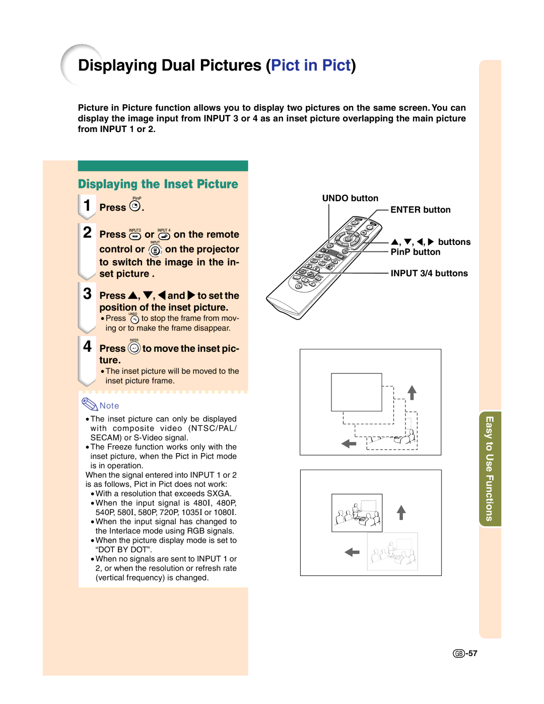 Sharp XG-C50X Displaying Dual Pictures Pict in Pict, Displaying the Inset Picture, Press to move the inset pic- ture 