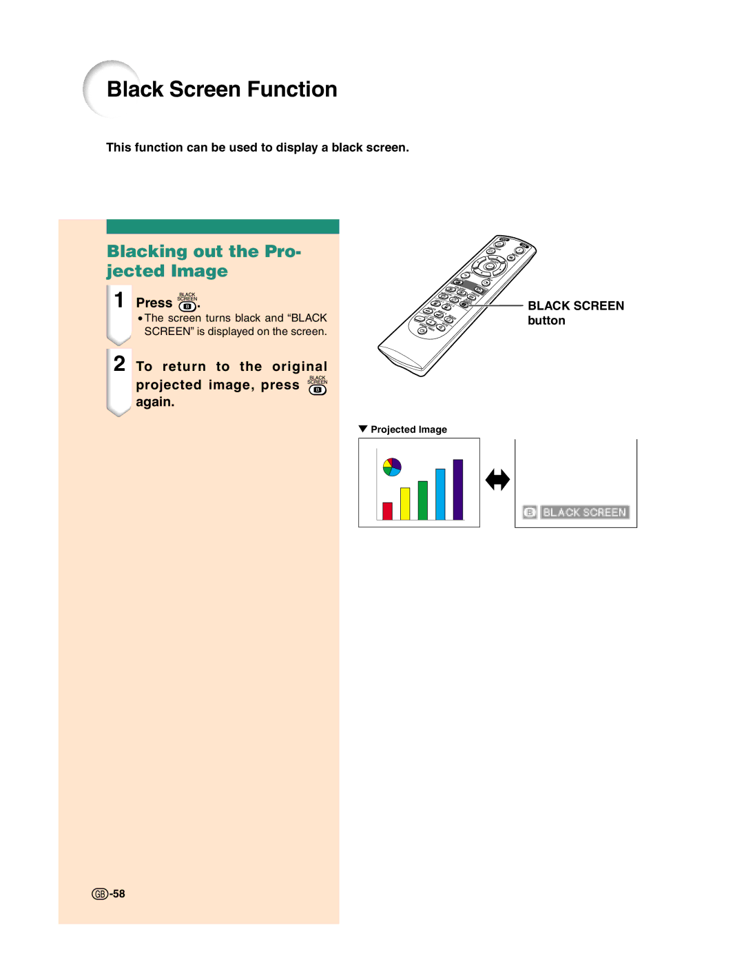 Sharp XG-C50X operation manual Black Screen Function, Blacking out the Pro- jected Image, Black Screen button 