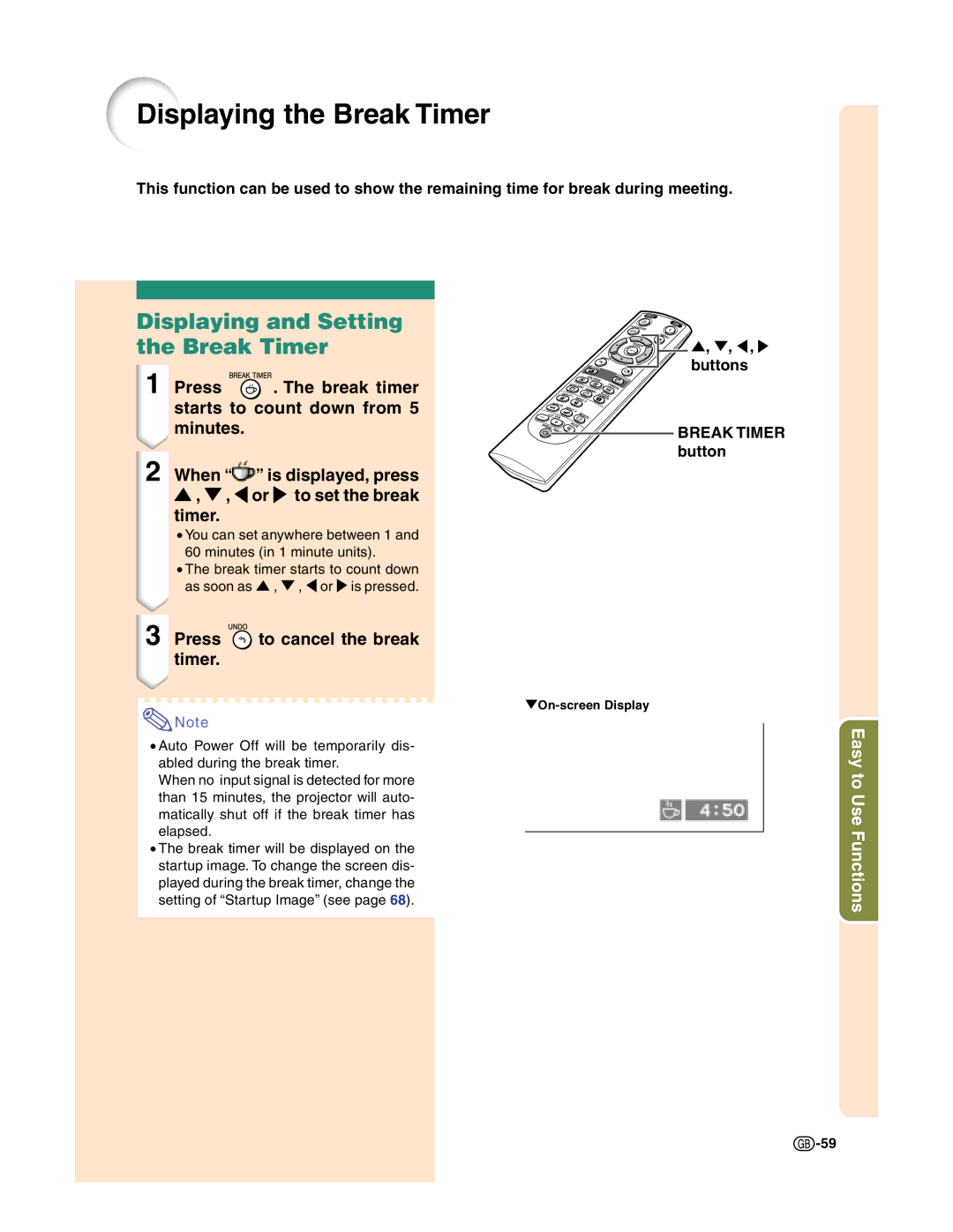 Sharp XG-C50X Displaying the Break Timer, Displaying and Setting the Break Timer, Press to cancel the break timer 