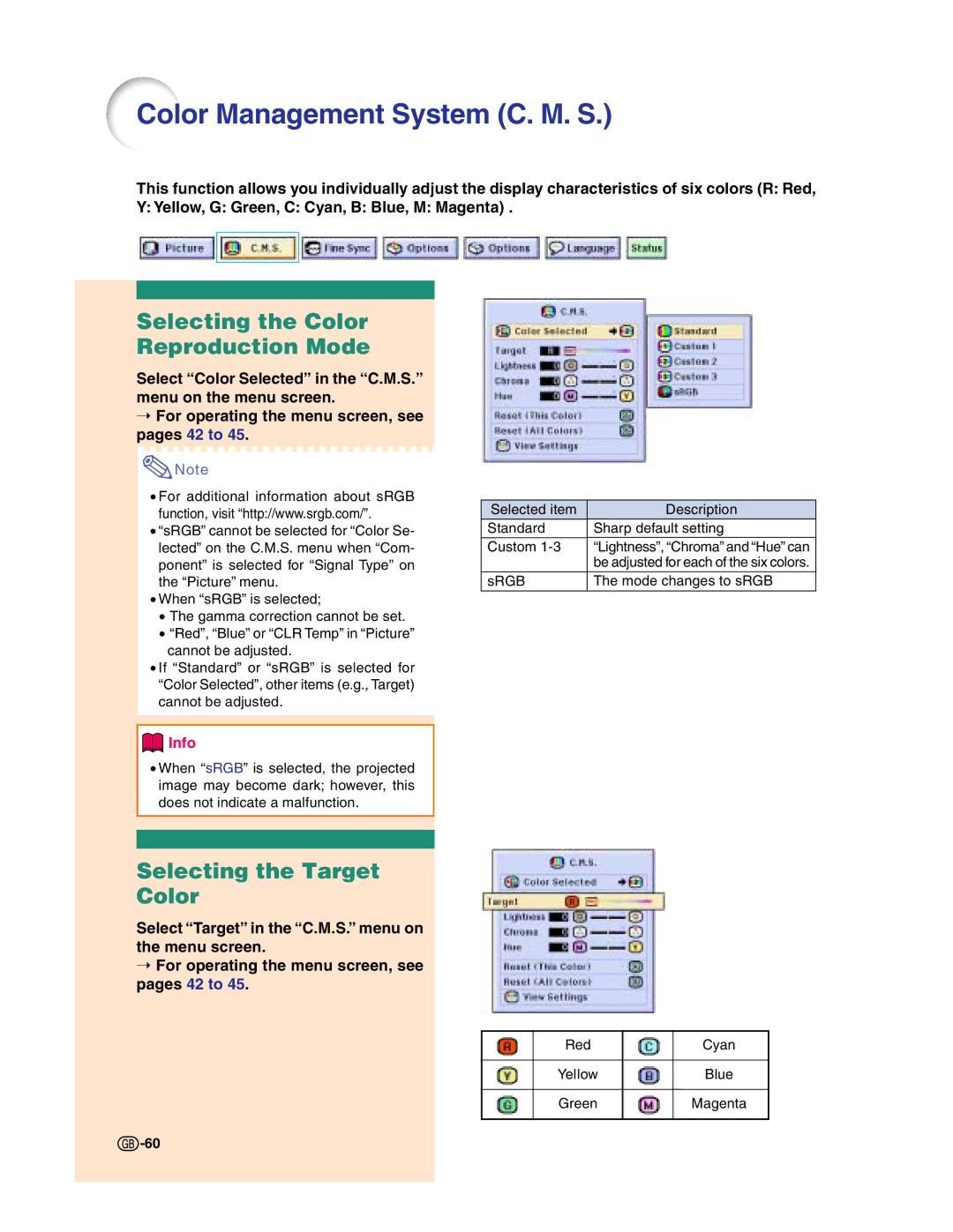 Sharp XG-C50X operation manual Selecting the Color Reproduction Mode, Selecting the Target Color 