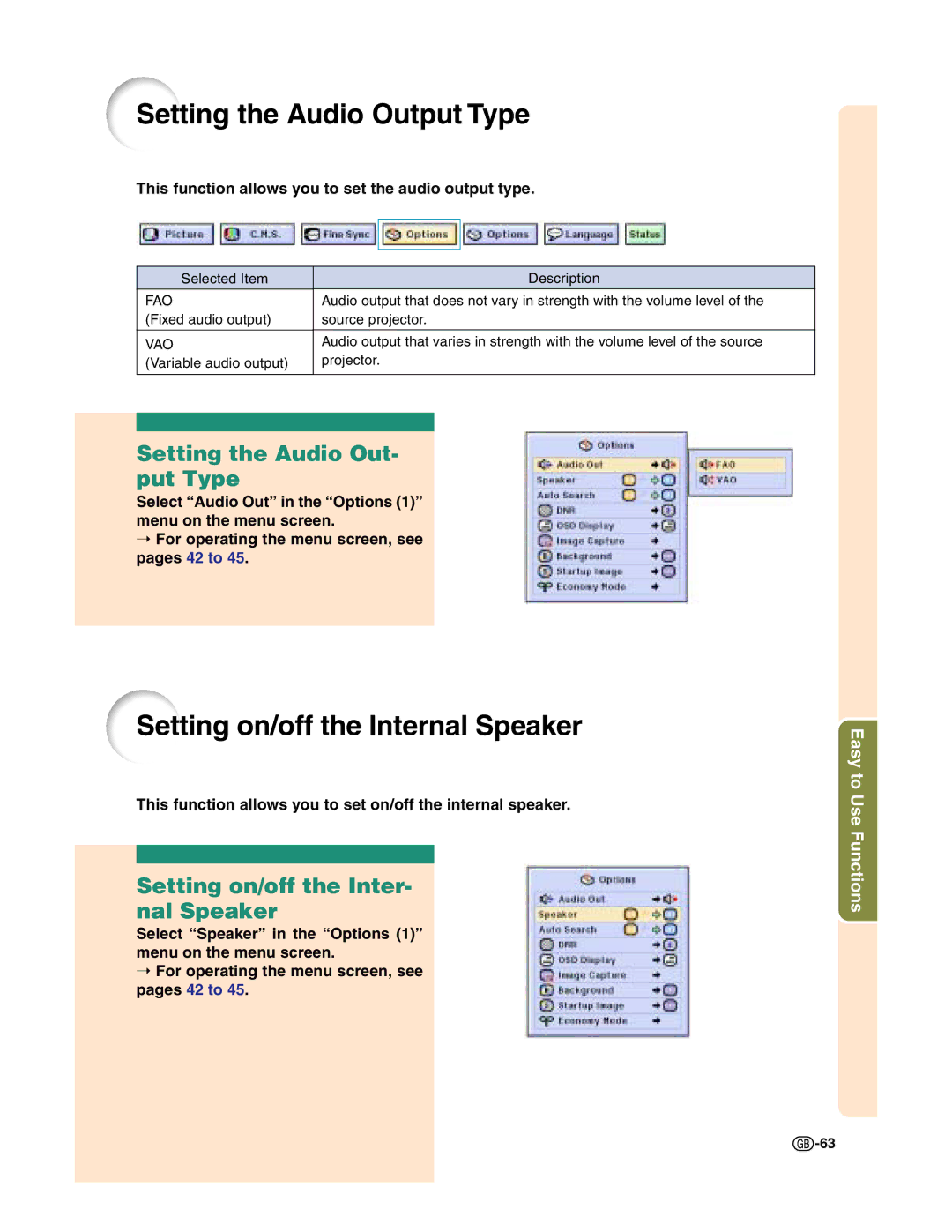 Sharp XG-C50X Setting the Audio Output Type, Setting on/off the Internal Speaker, Setting the Audio Out- put Type 