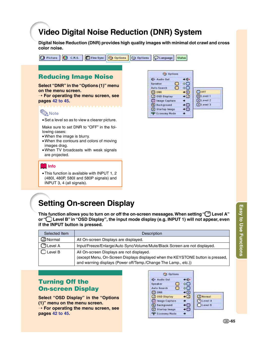 Sharp XG-C50X operation manual Video Digital Noise Reduction DNR System, Setting On-screen Display, Reducing Image Noise 