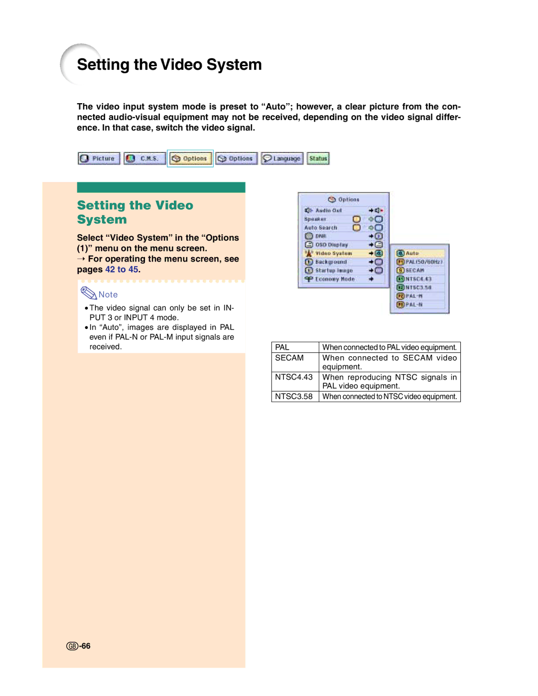 Sharp XG-C50X operation manual Setting the Video System 