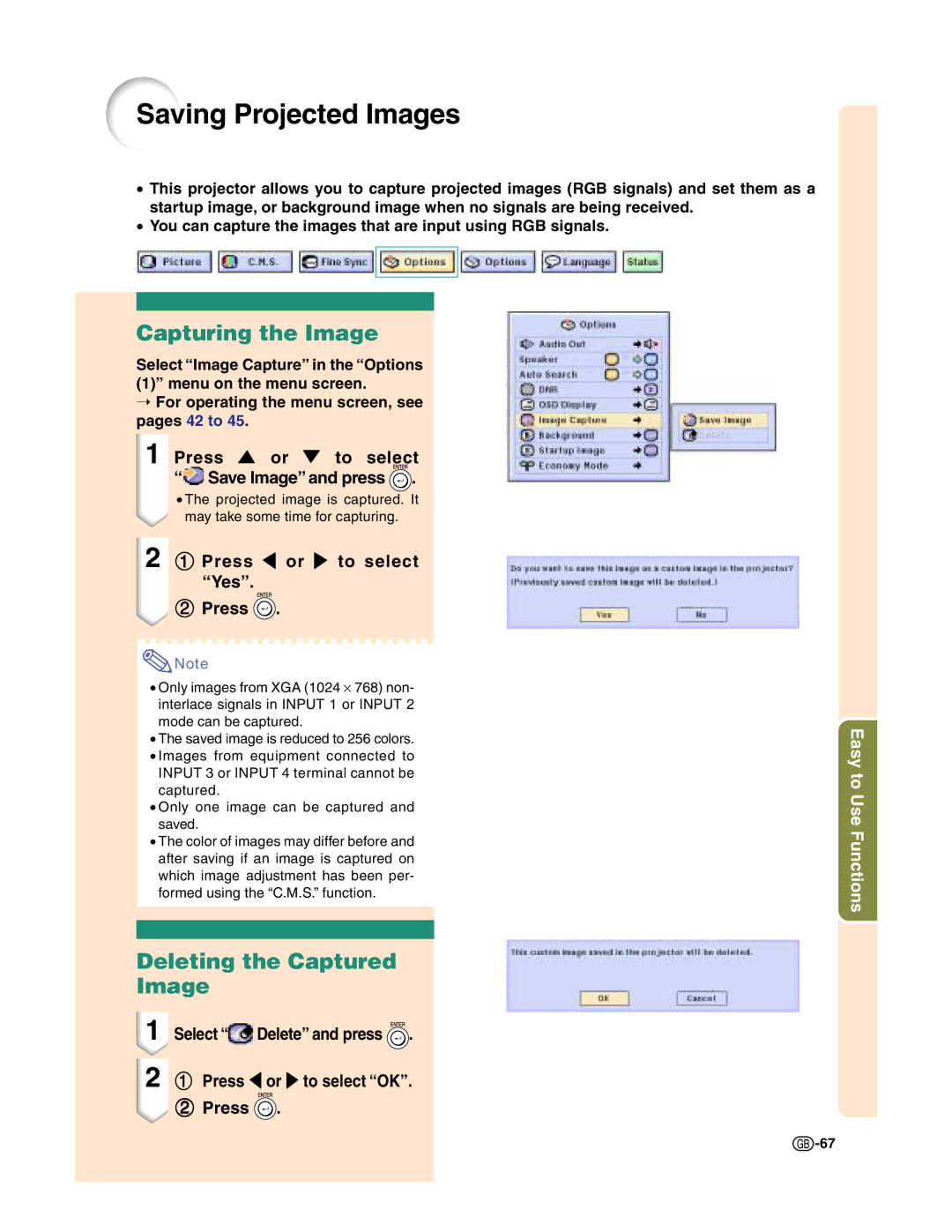 Sharp XG-C50X operation manual Saving Projected Images, Capturing the Image, Deleting the Captured Image 