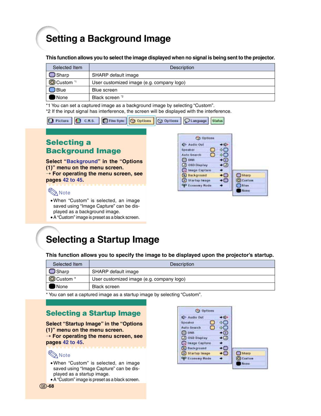 Sharp XG-C50X operation manual Setting a Background Image, Selecting a Startup Image, Selecting a Background Image 