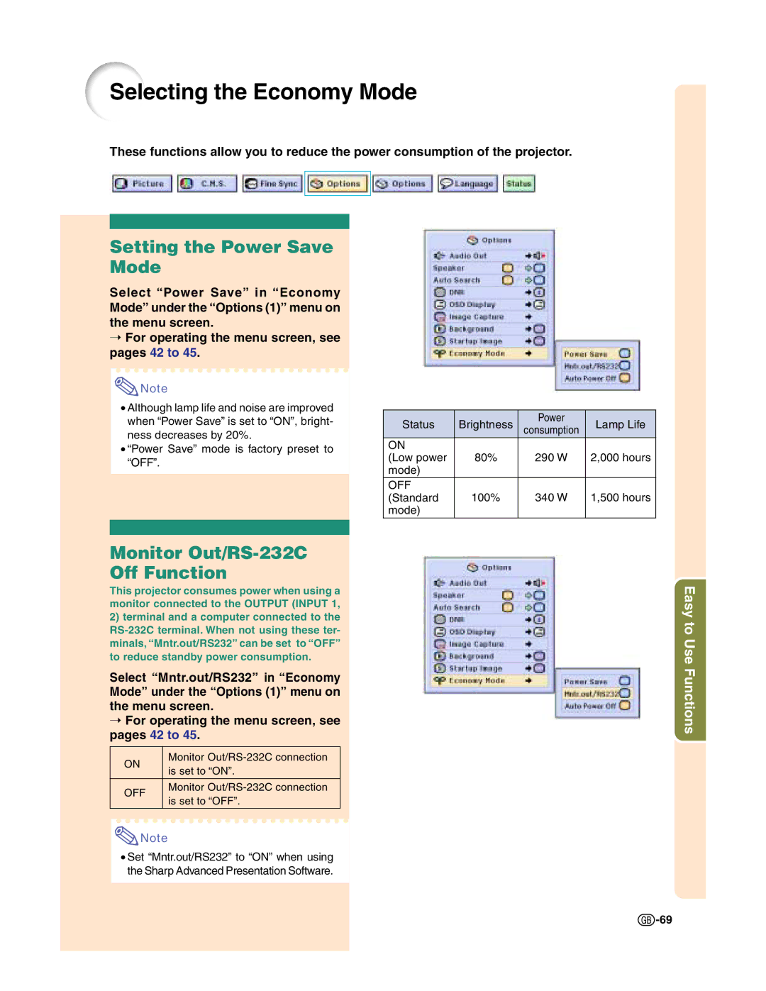 Sharp XG-C50X operation manual Selecting the Economy Mode, Setting the Power Save Mode, Monitor Out/RS-232C Off Function 