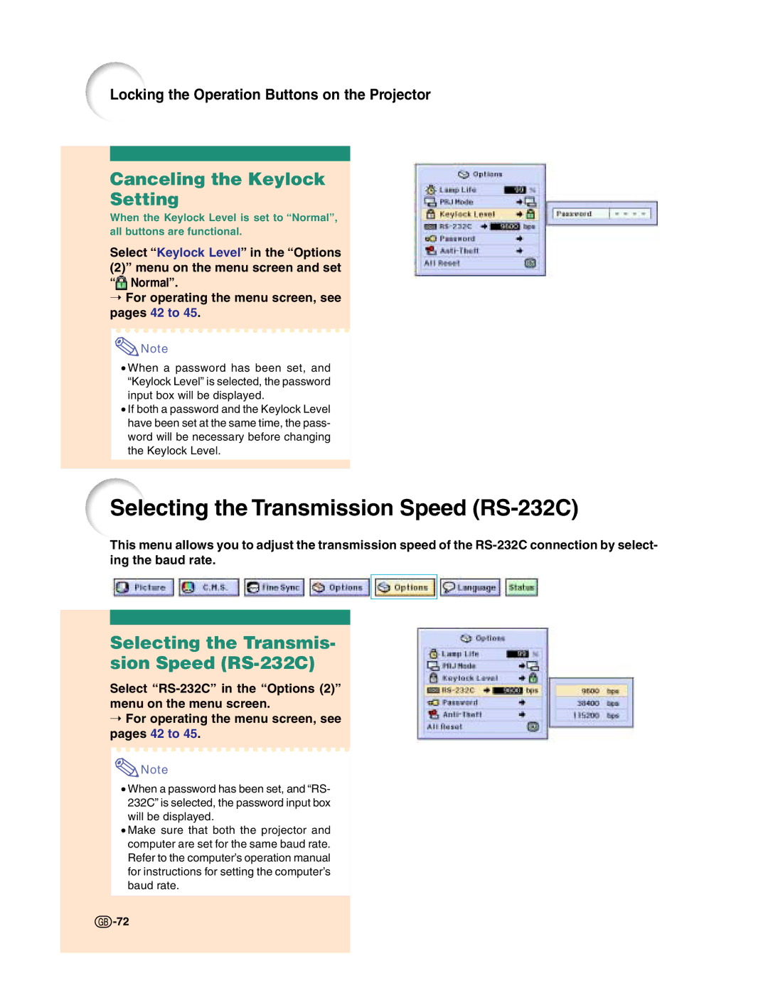 Sharp XG-C50X operation manual Selecting the Transmission Speed RS-232C, Canceling the Keylock Setting 