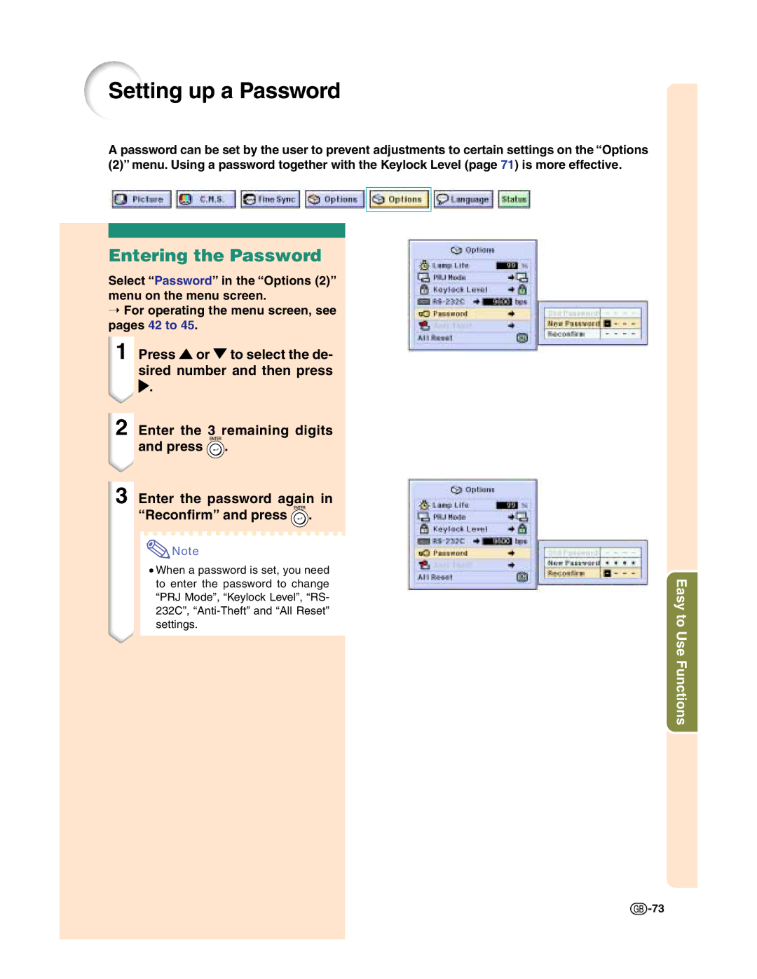 Sharp XG-C50X operation manual Setting up a Password, Entering the Password 