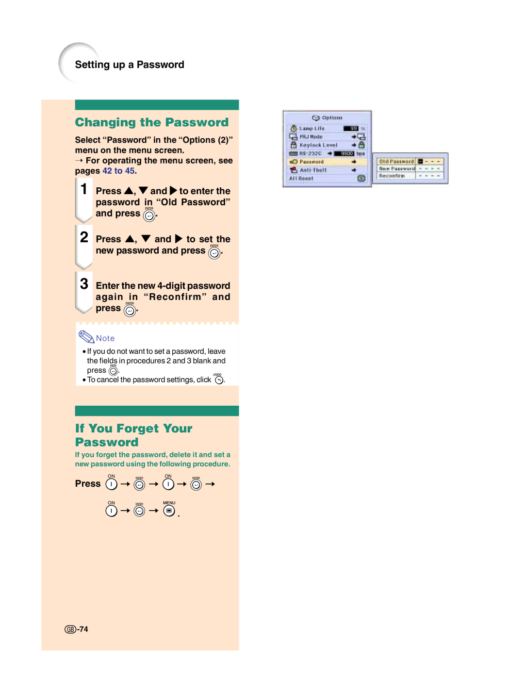 Sharp XG-C50X Changing the Password, If You Forget Your Password, Enter the new 4-digit password again in Reconfirm 