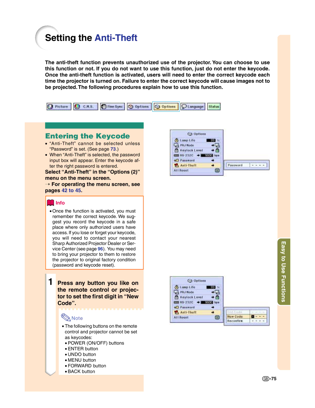 Sharp XG-C50X operation manual Setting the Anti-Theft, Entering the Keycode 