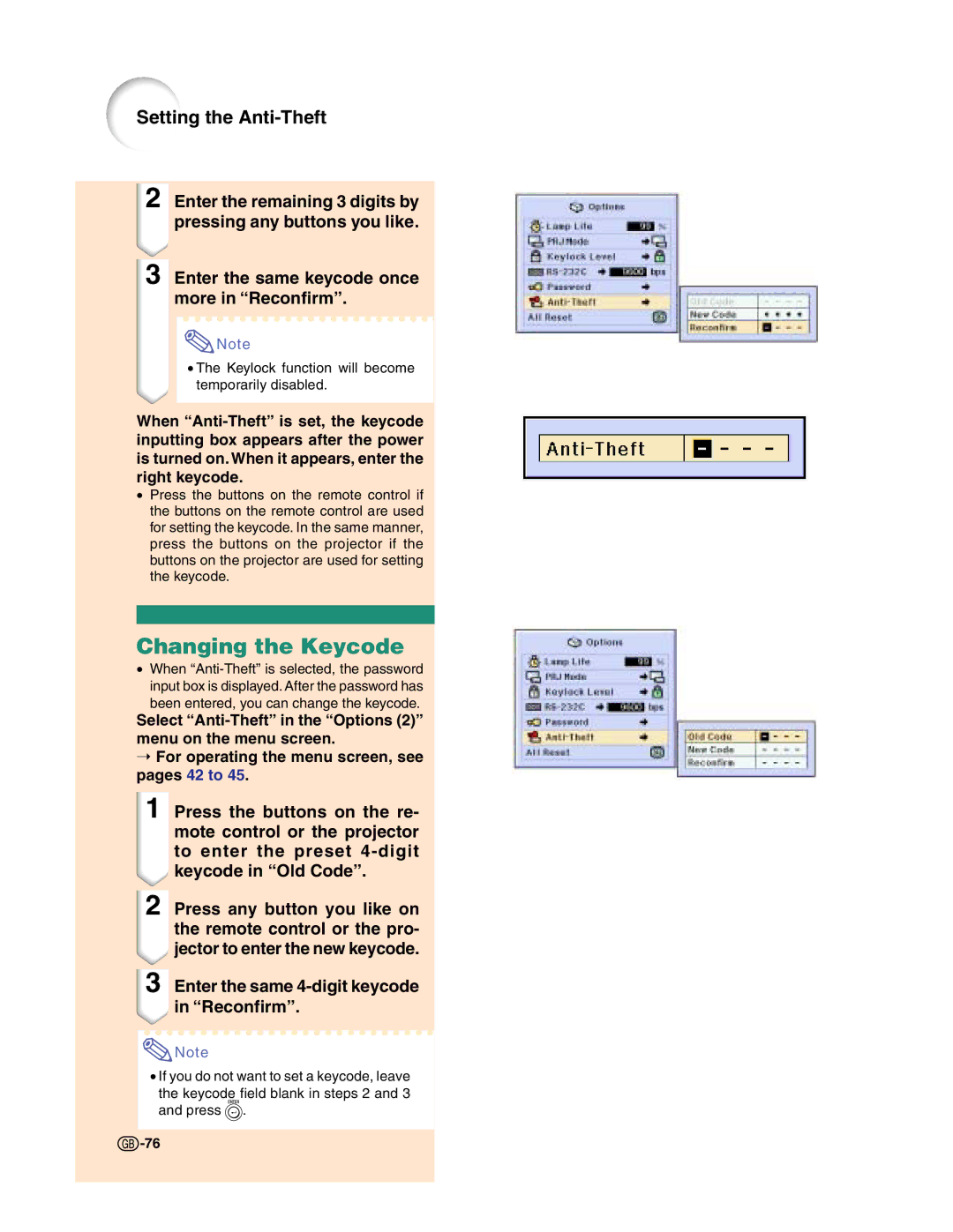 Sharp XG-C50X operation manual Changing the Keycode, Enter the same 4-digit keycode in Reconfirm 