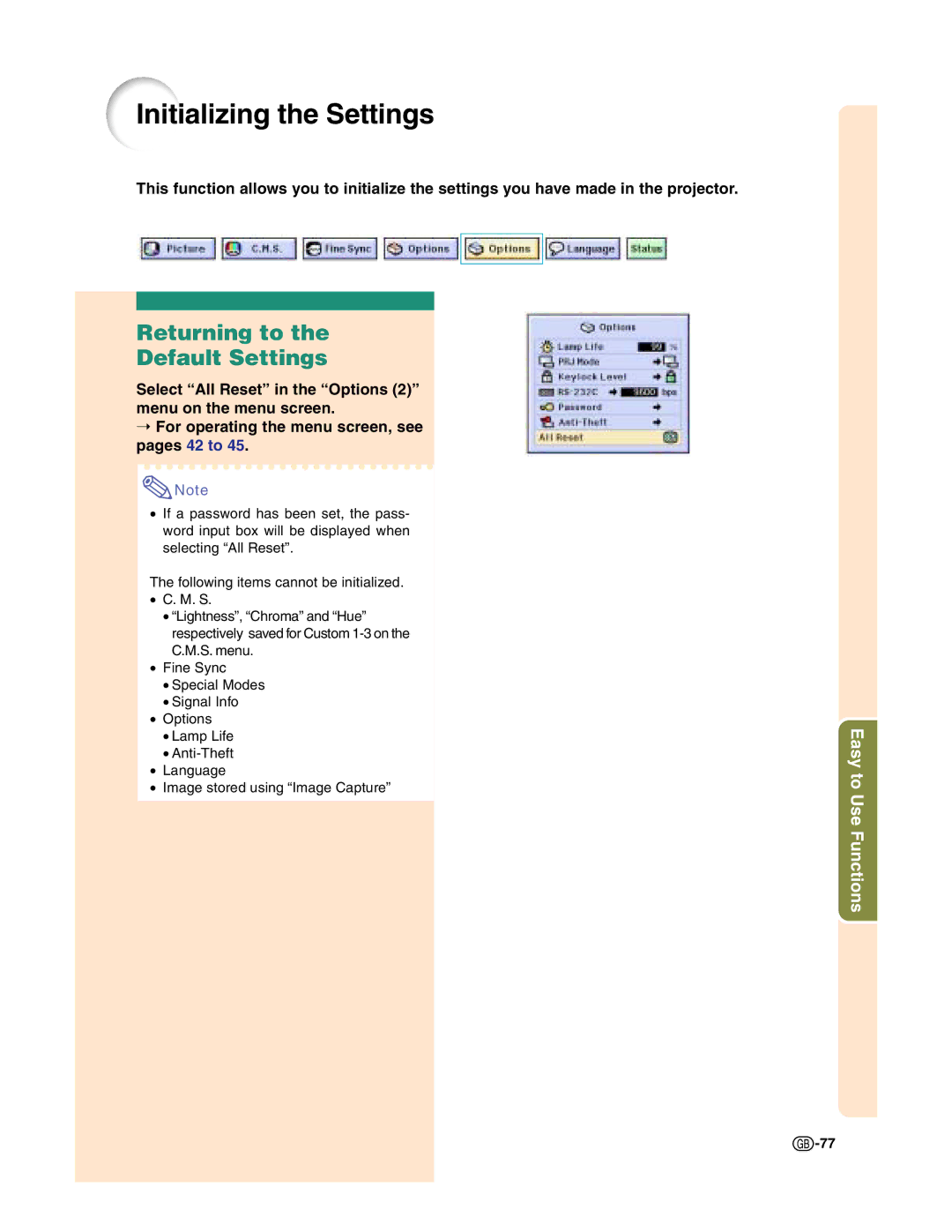 Sharp XG-C50X operation manual Initializing the Settings, Returning to Default Settings 