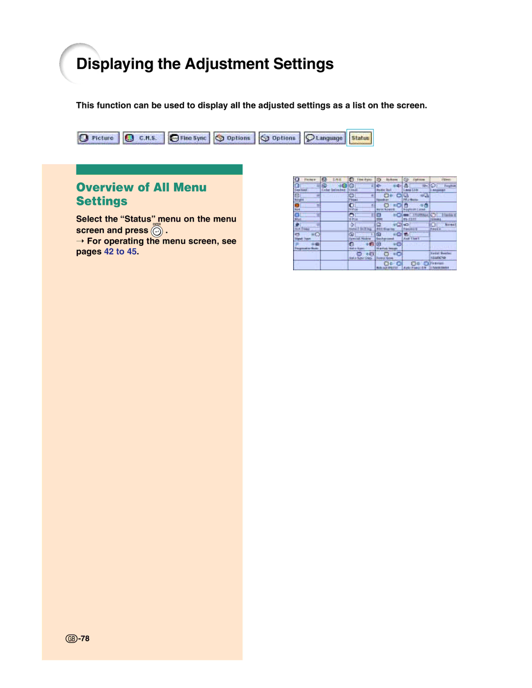 Sharp XG-C50X operation manual Displaying the Adjustment Settings, Overview of All Menu Settings 