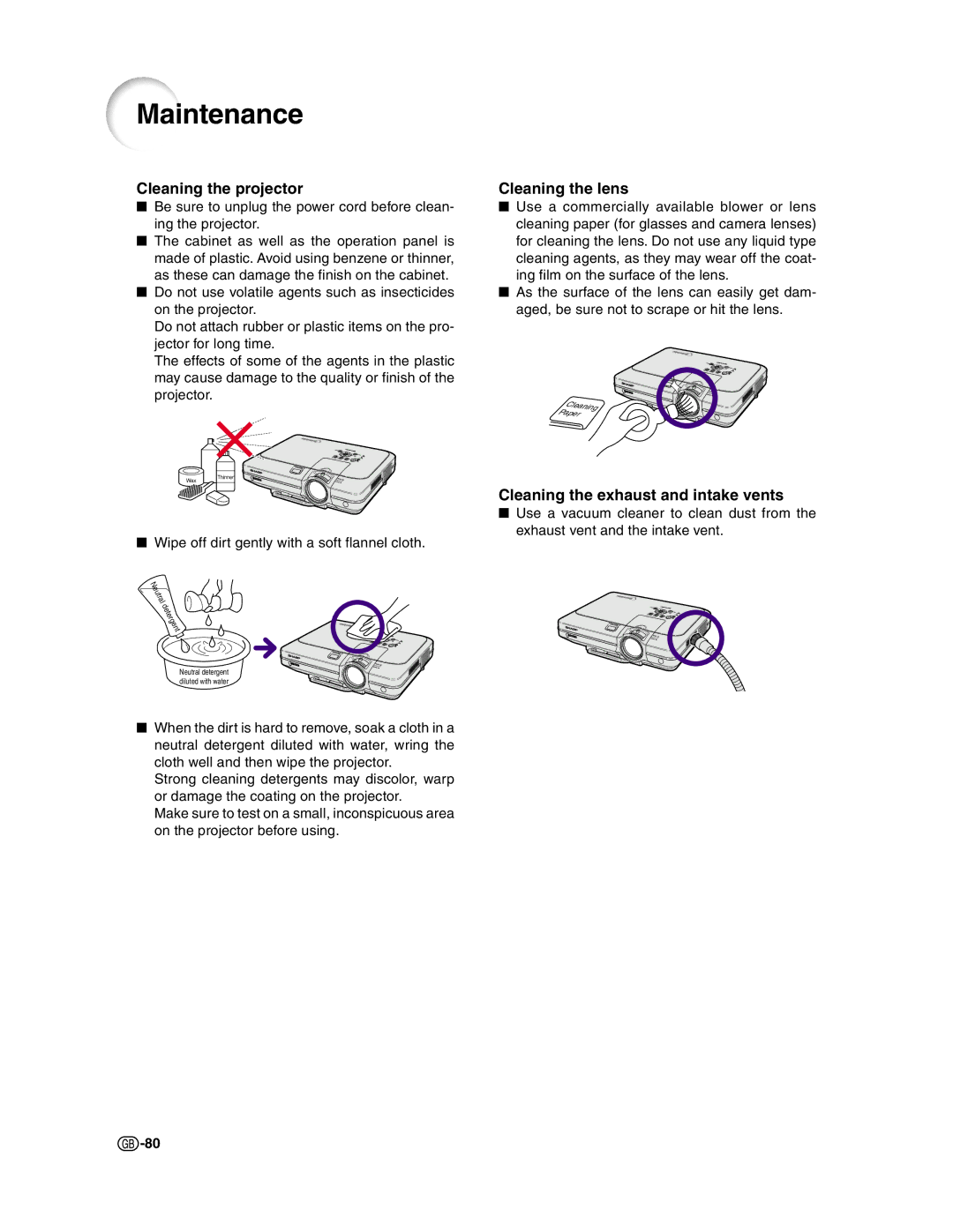 Sharp XG-C50X Maintenance, Cleaning the projector, Cleaning the lens, Cleaning the exhaust and intake vents 