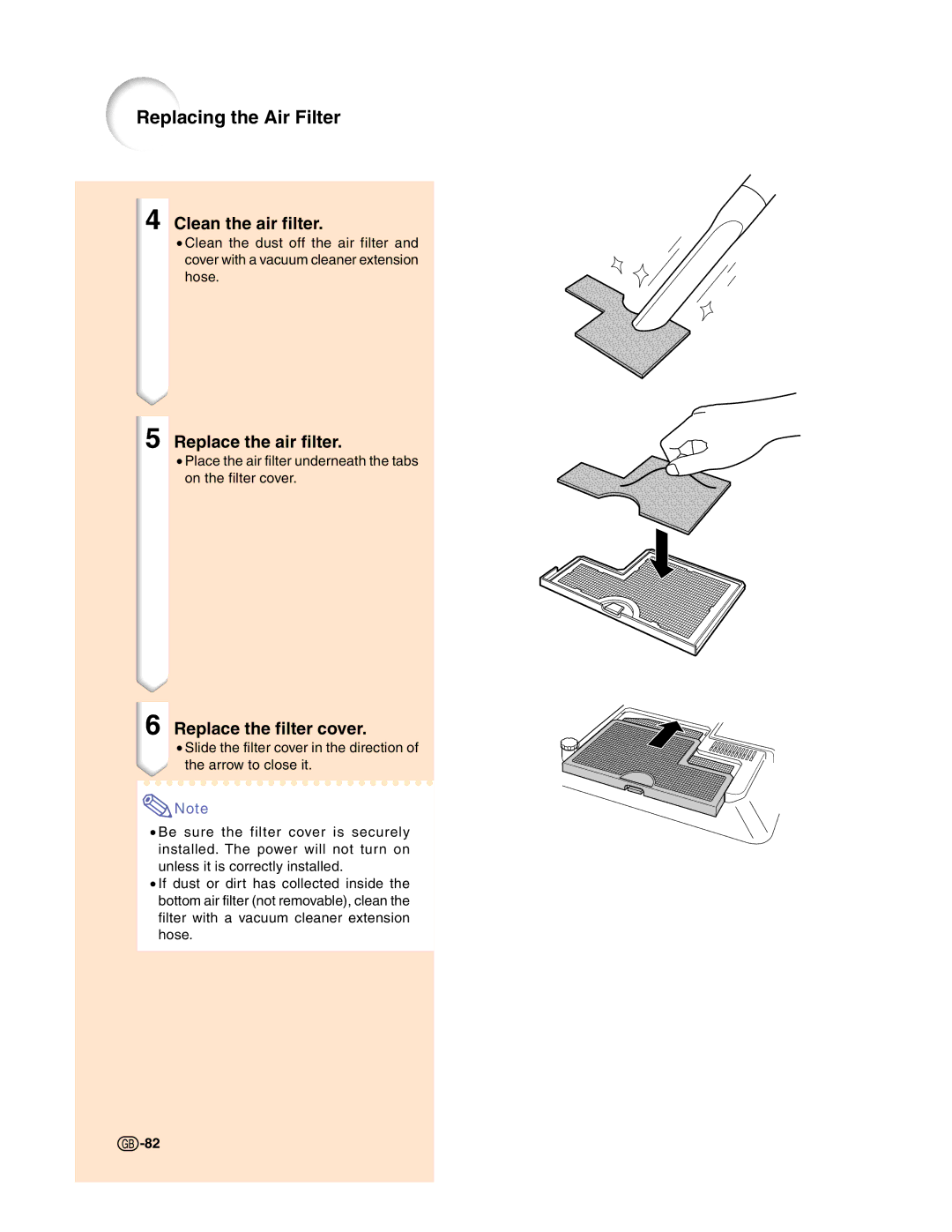 Sharp XG-C50X operation manual Clean the air filter, Replace the air filter, Replace the filter cover 