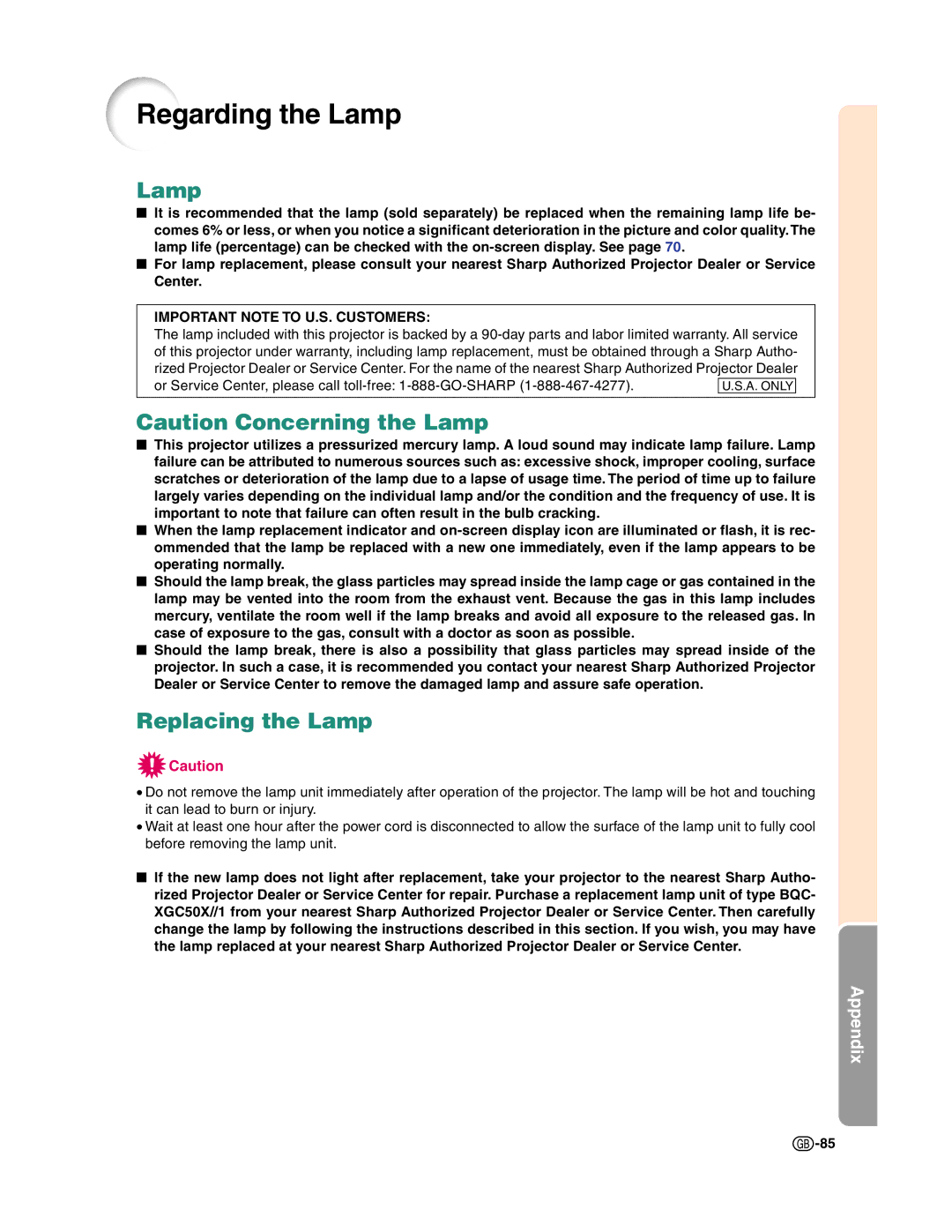 Sharp XG-C50X operation manual Regarding the Lamp, Replacing the Lamp 